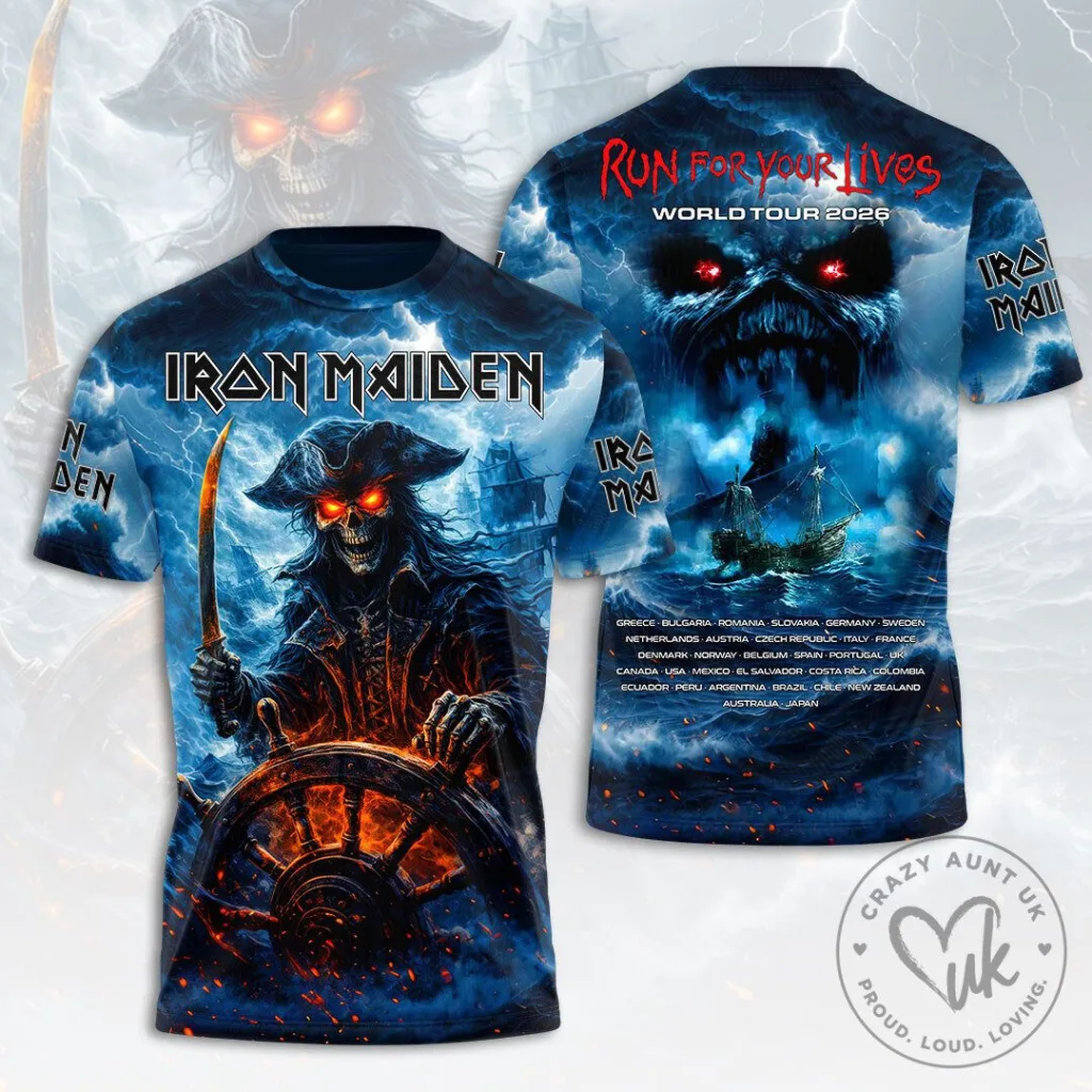 Skull Pirate Graphic T-Shirt for Iron Maiden's 2026 Run For Your Lives World Tour