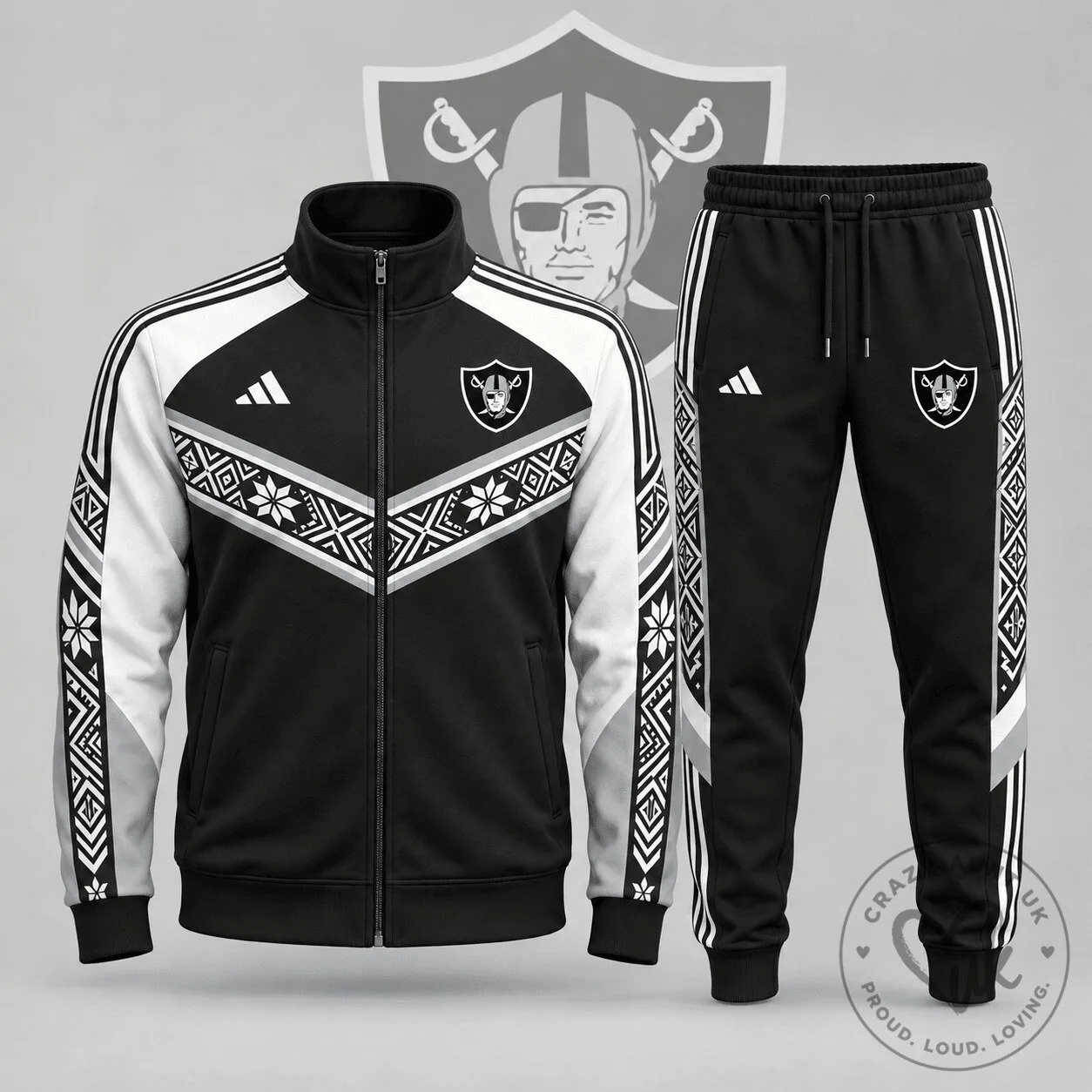 Las Vegas Raiders Nordic Pattern Zip Up Track Jacket and Jogger Pants Set