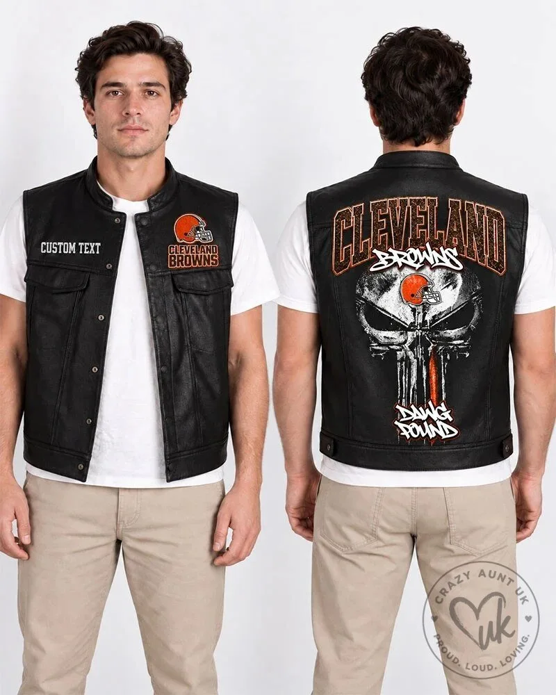 Cleveland Browns Skull Design Custom Text Black Leather Vest for Men