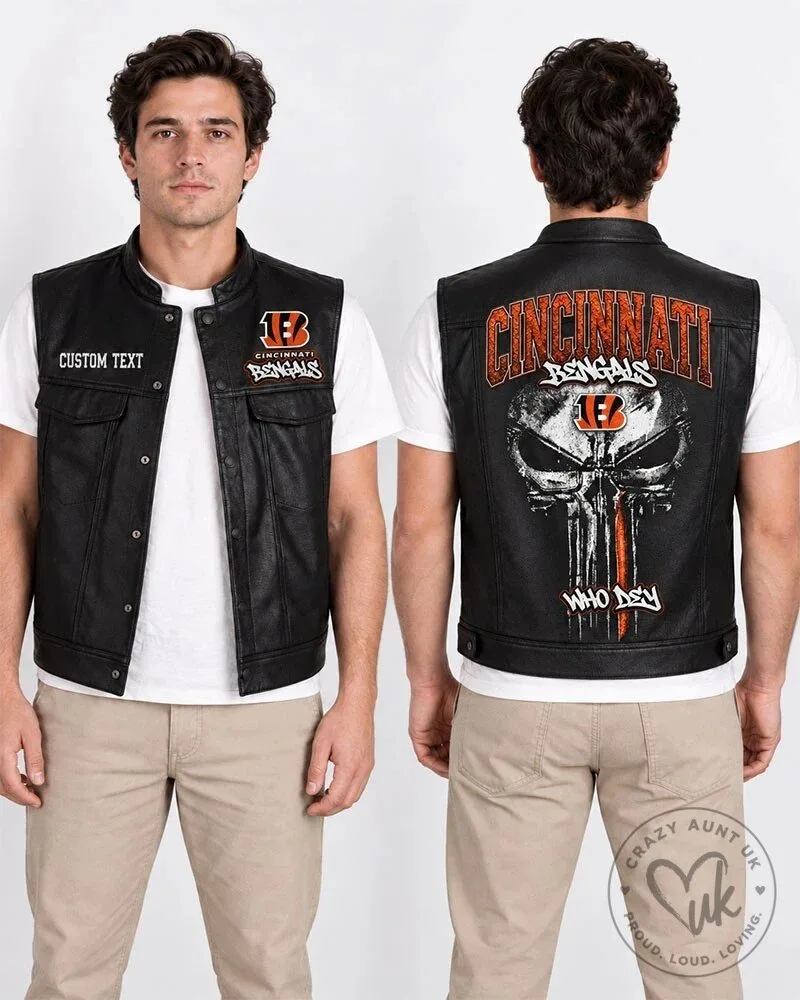 Cincinnati Bengals NFL Football Team Punisher Skull Design Leather Vest