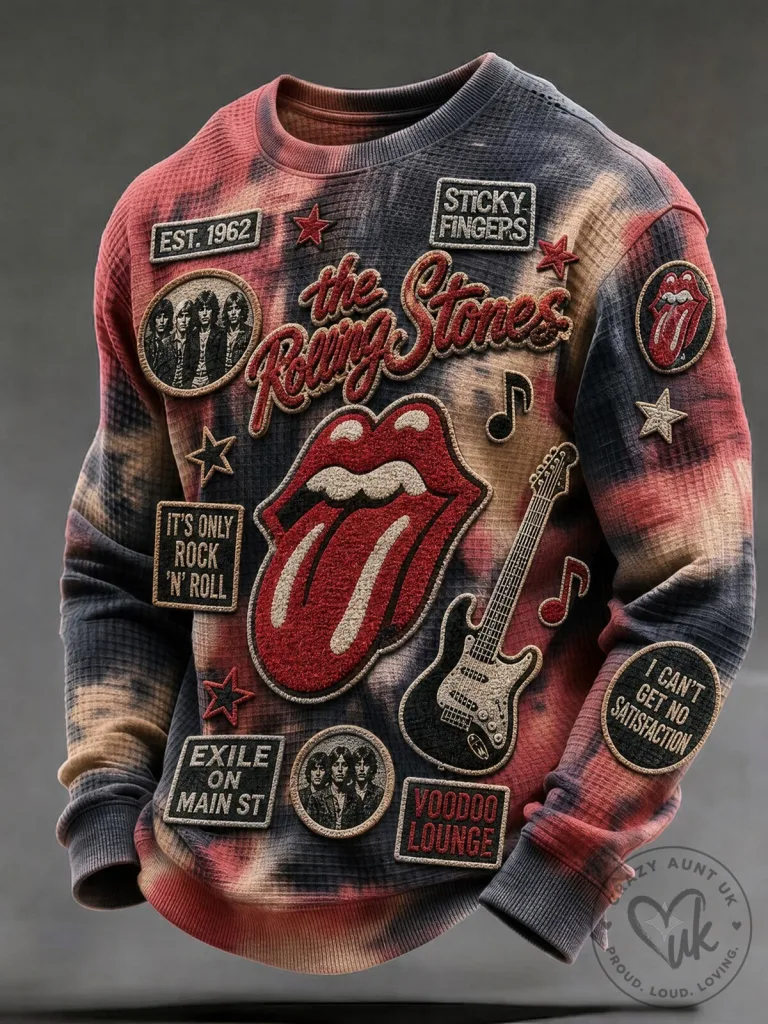 The Rolling Stones Tie-Dye Waffle Knit Crewneck Sweatshirt With Patches