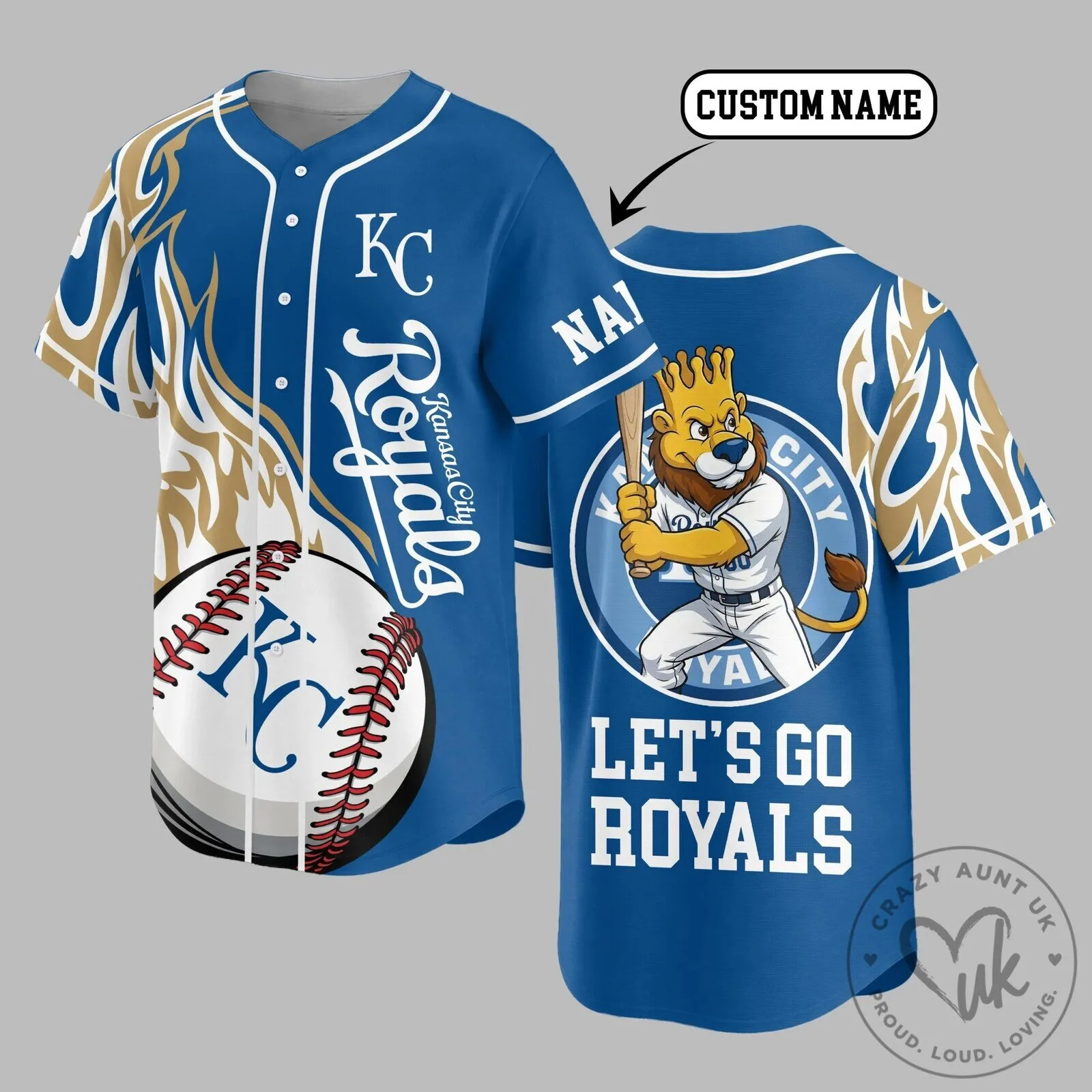 Kansas City Royals Baseball Jersey with Custom Name and Lion Mascot Design