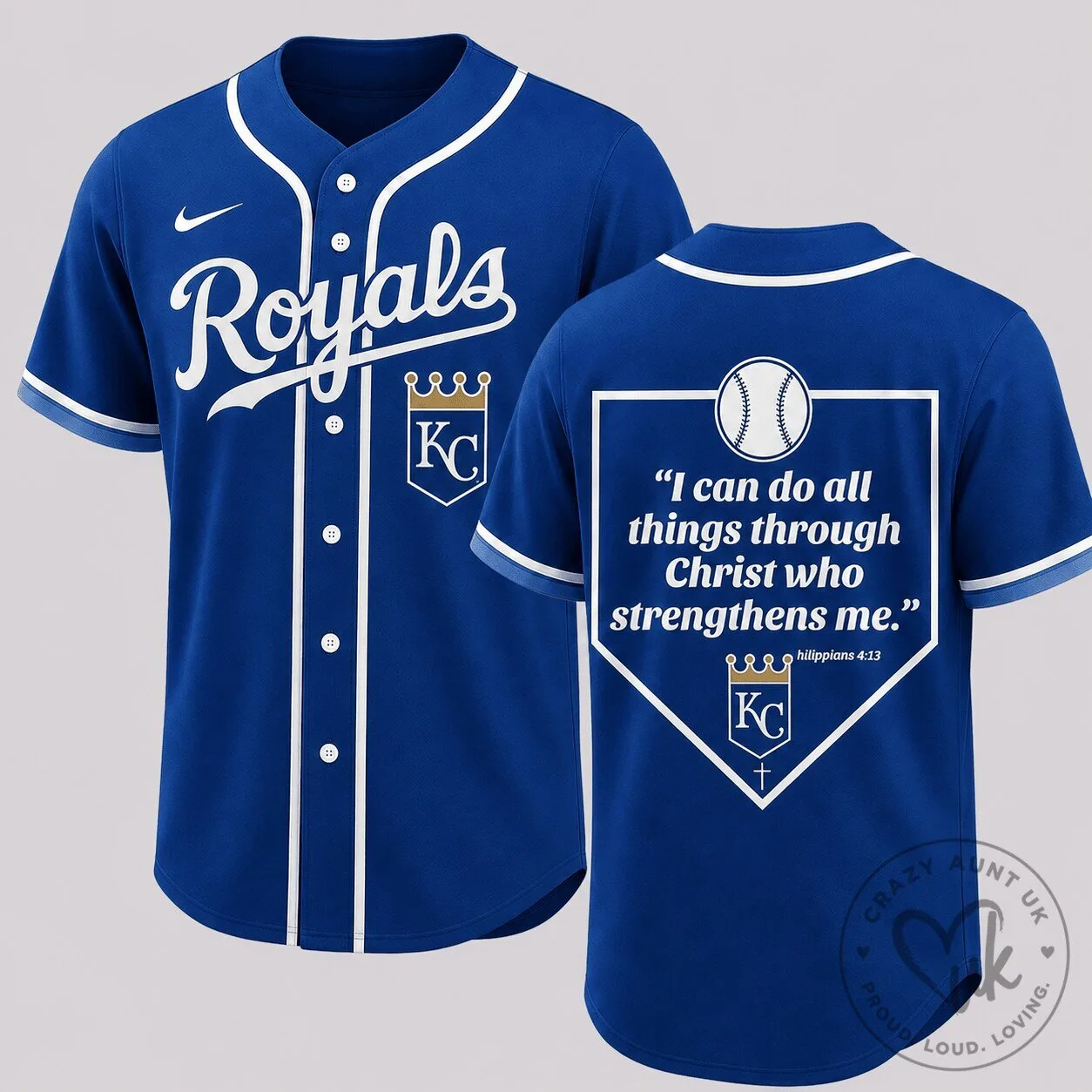 Royals Baseball Philippians 4:13 Faith Quote Blue Jersey