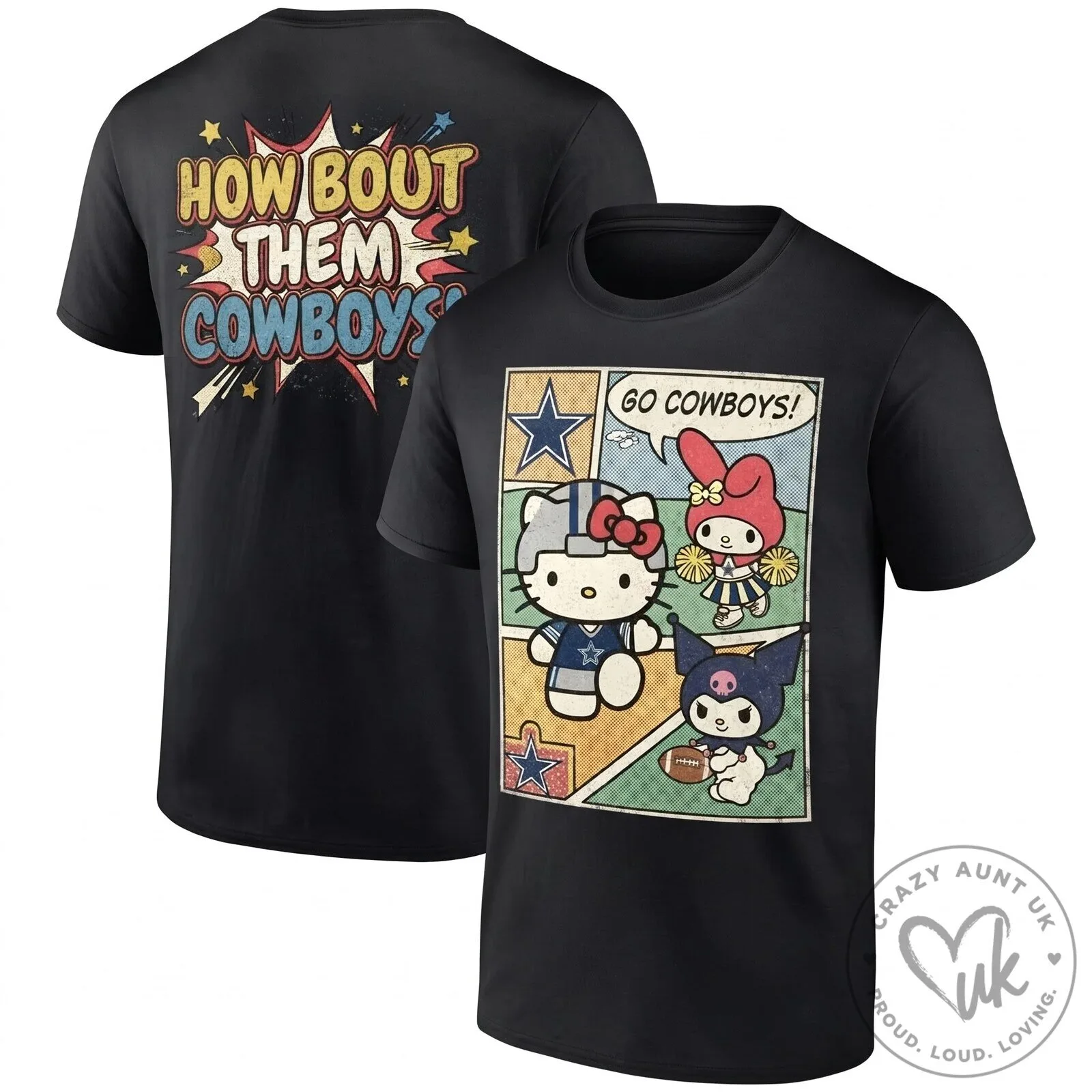 Dallas Cowboys Hello Kitty My Melody Kuromi Comic Strip Black T-Shirt