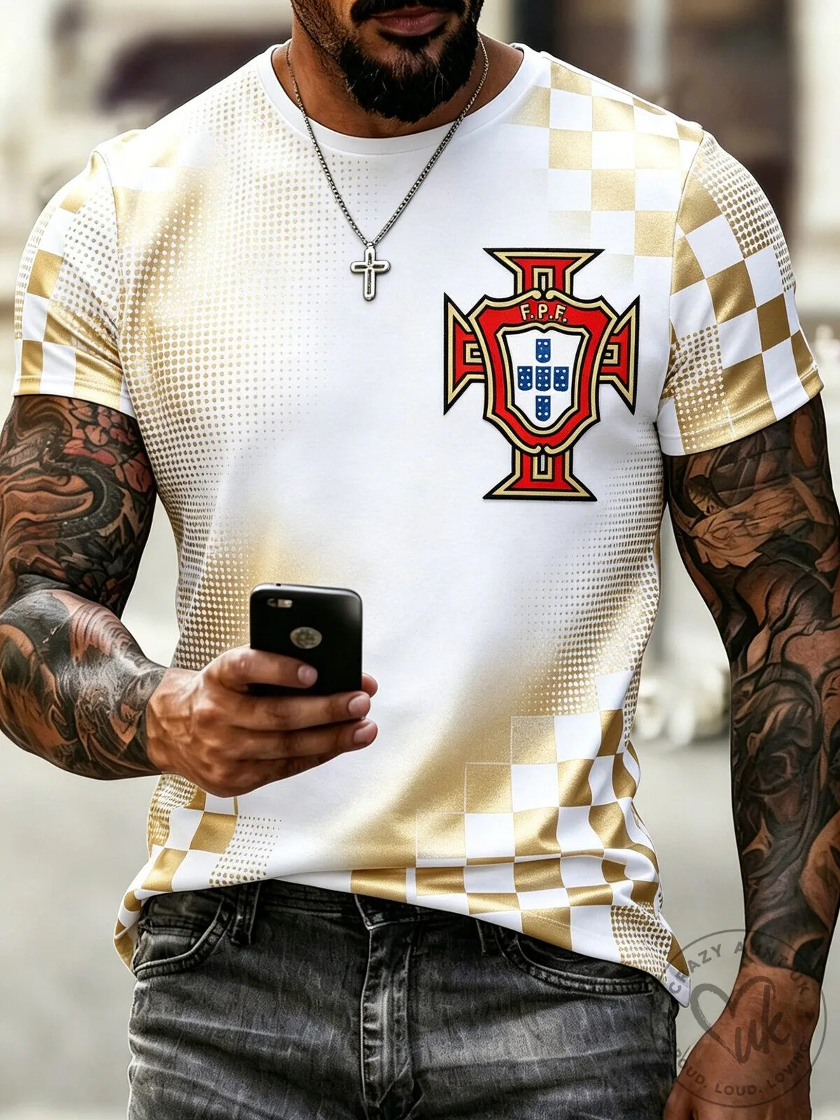 Portugal FC Match Cheer Golden Checkered Pattern T-Shirt