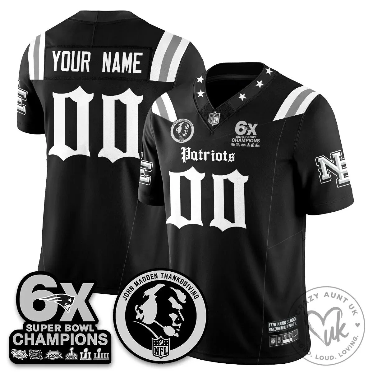 New England Patriots 6X Super Bowl Champions Jersey - John Madden Thanksgiving Edition 12 New England Patriots 6X Super Bowl Champions Jersey - John Madden Thanksgiving Edition