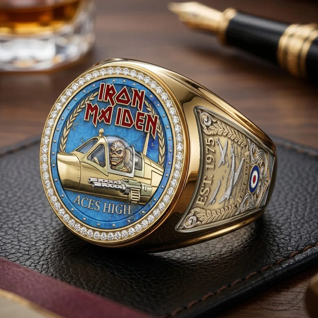Iron Maiden Aces High Eddie Pilot Gold Ring with Diamonds