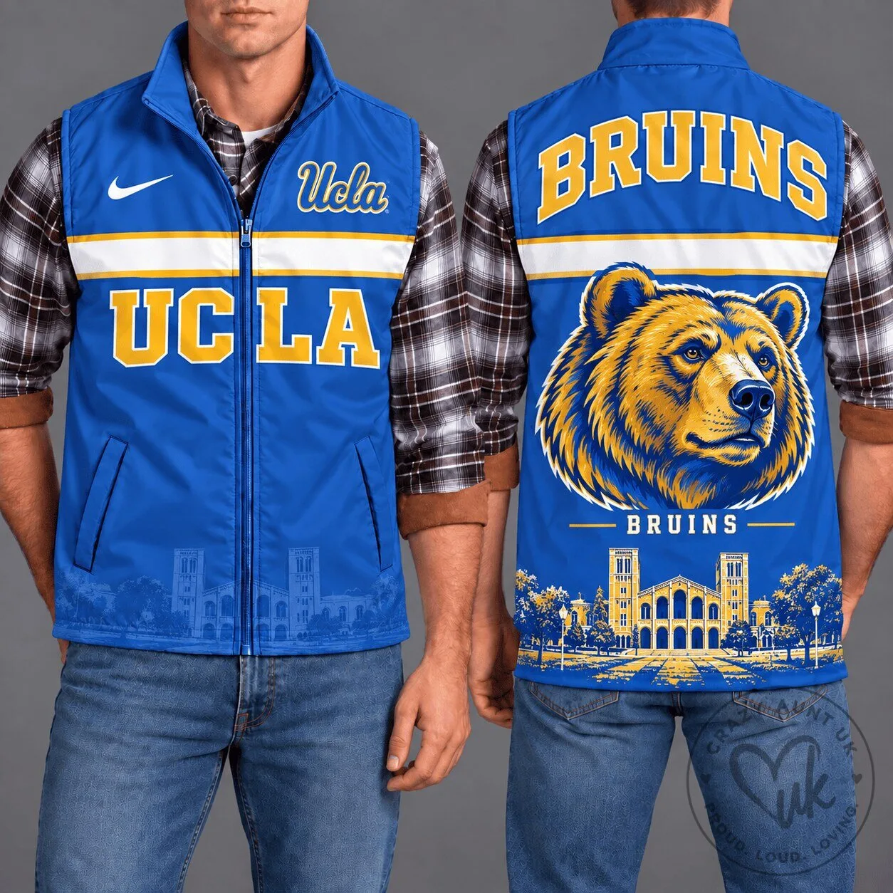 UCLA Bruins Full-Zip Sleeveless Vest with Bear Mascot and University Hall