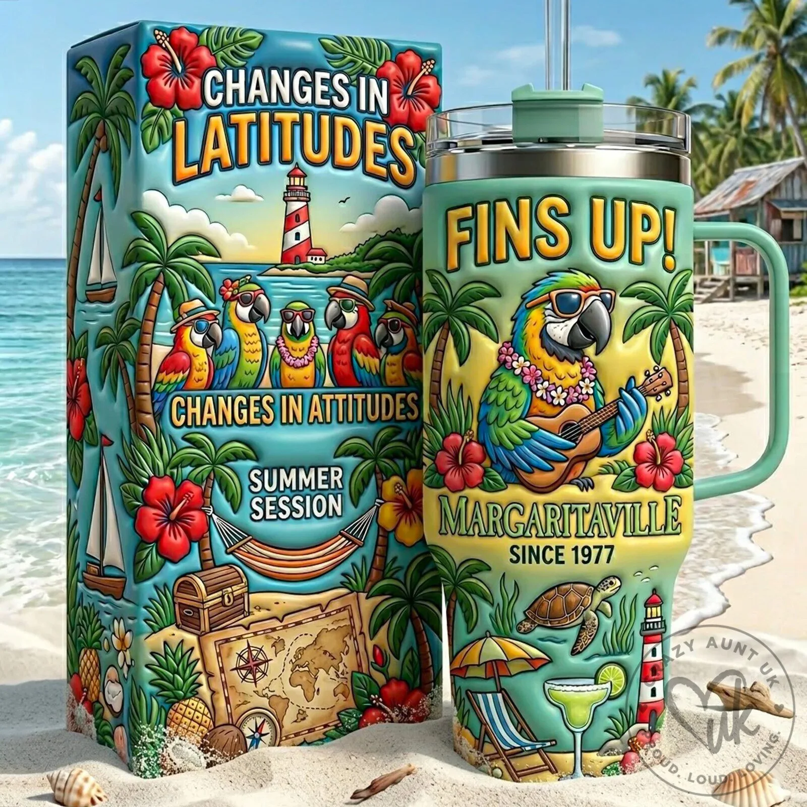 Margaritaville Fins Up Parrot Guitar Tropical Tumbler with Handle