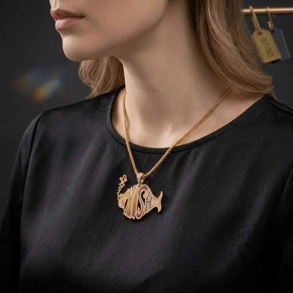 Gold Chain with Diamond Encrusted Fish Pendant Necklace 4 Gold Chain with Diamond Encrusted Fish Pendant Necklace