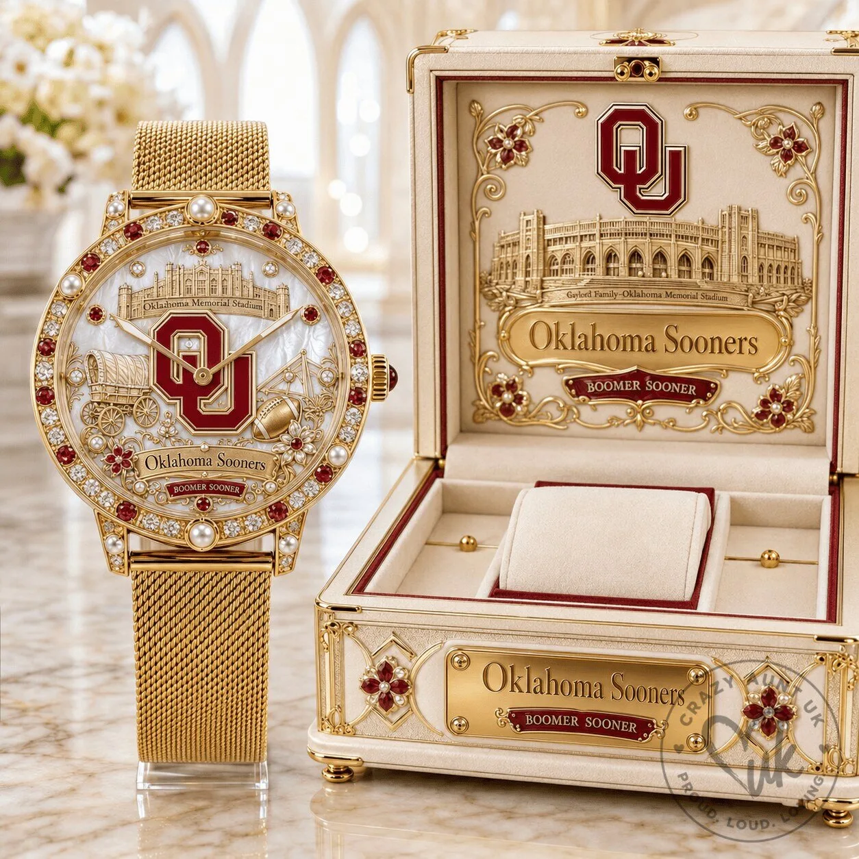 Oklahoma Sooners Gold Tone Stainless Steel Watch with Mother of Pearl Dial