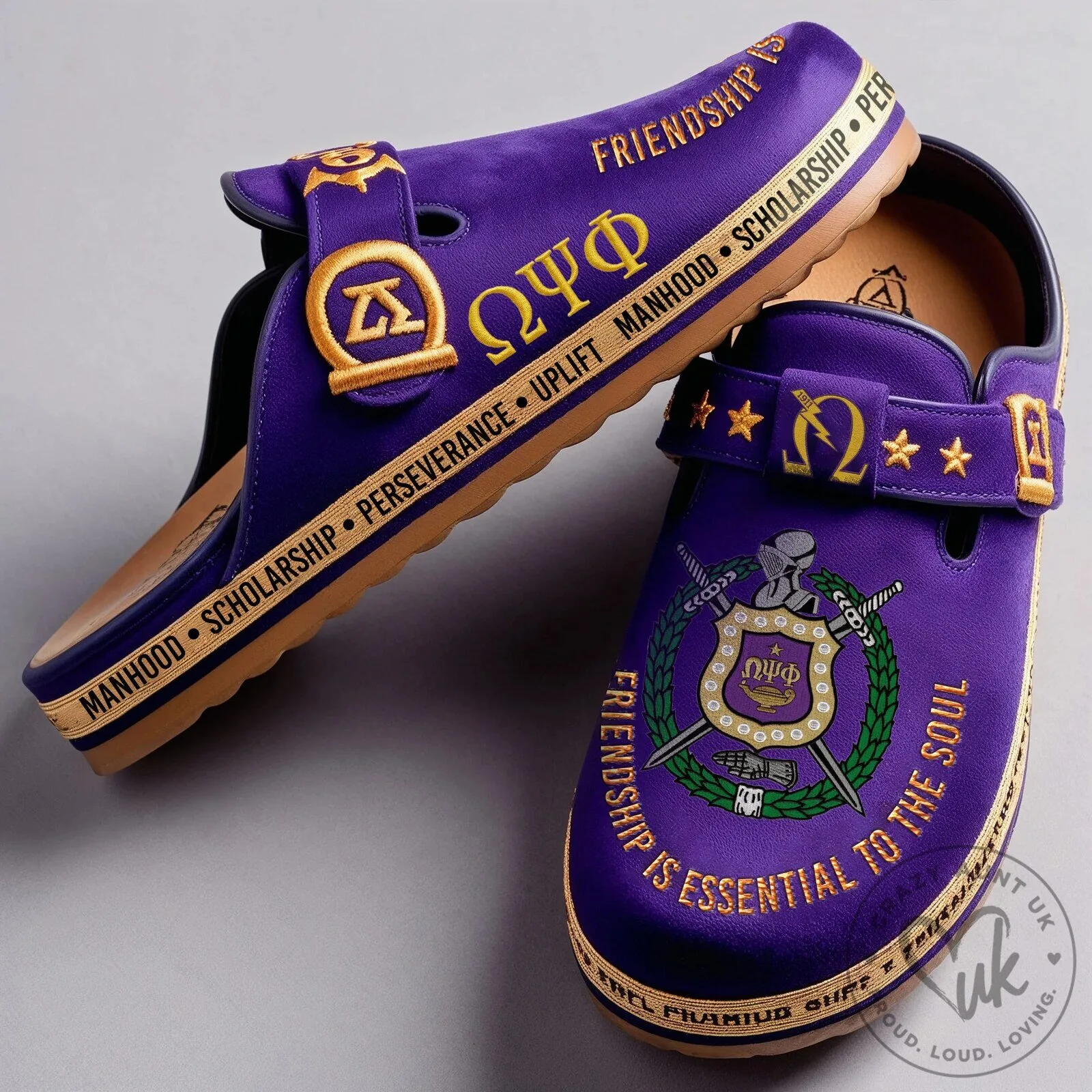 Omega Psi Phi Fraternity Purple Clog Shoes with Friendship and Manhood Theme