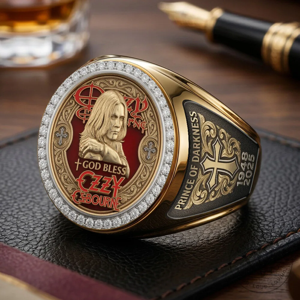 Ozzy Osbourne Prince of Darkness God Bless Gold and Silver Engraved Ring