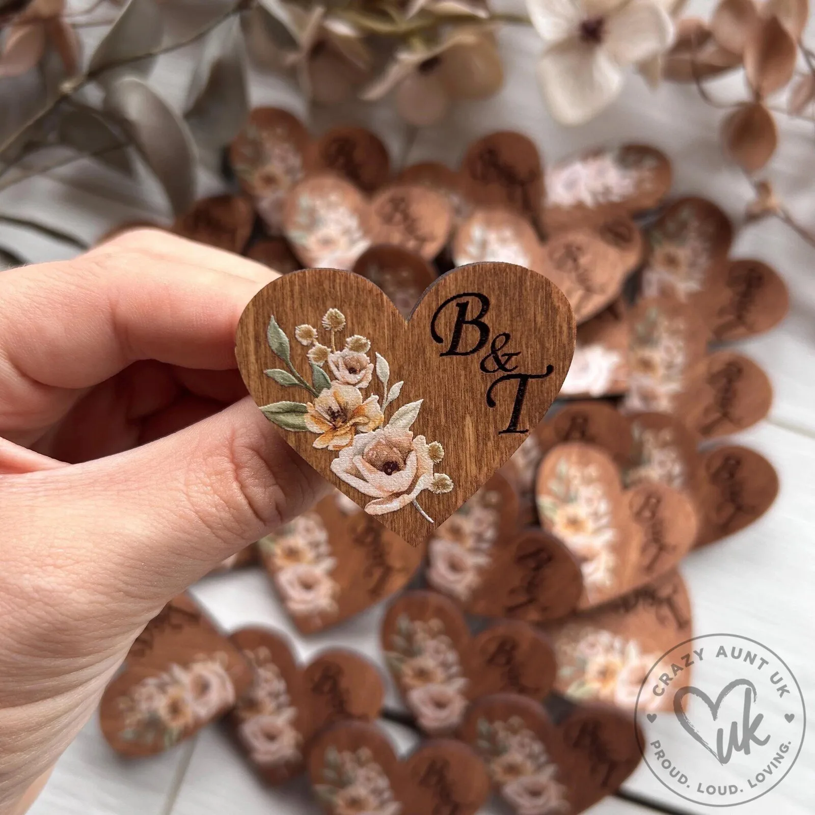 Personalized Rustic Wooden Heart Wedding Guest Boutonniere Pin with Floral Design