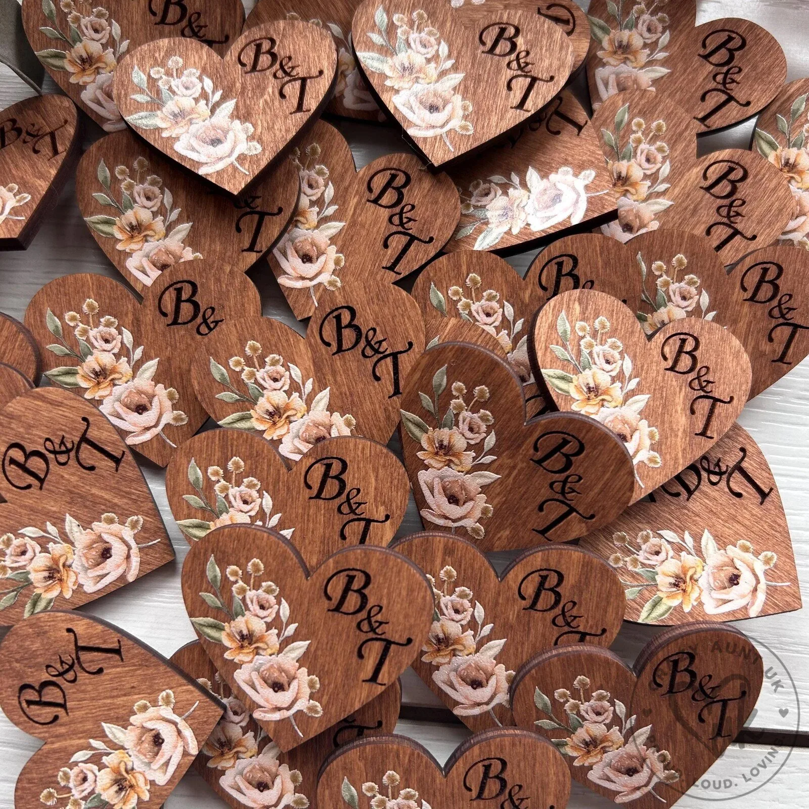 Personalized Rustic Wooden Heart Wedding Guest Boutonniere Pin with Floral Design 11 Personalized Rustic Wooden Heart Wedding Guest Boutonniere Pin with Floral Design