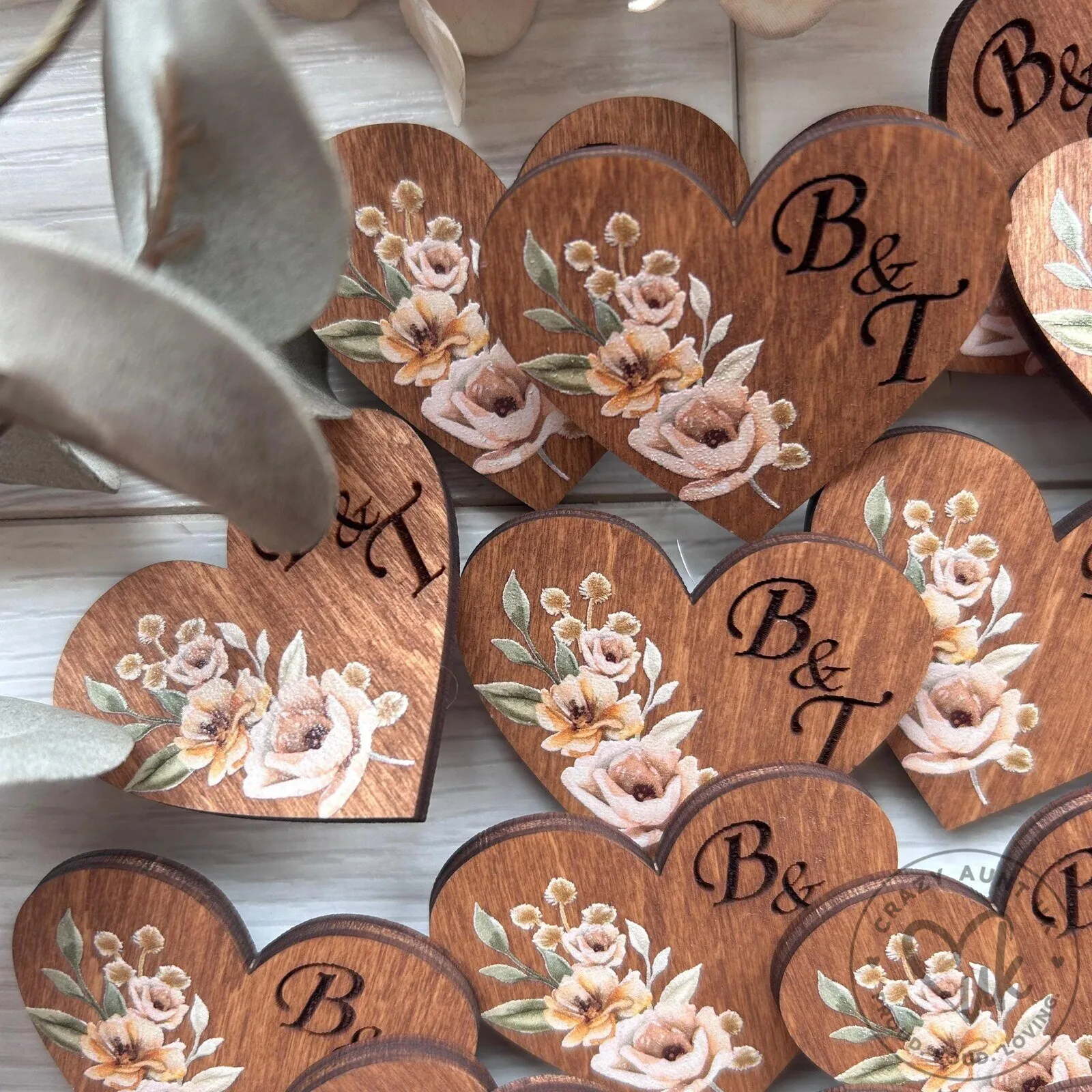 Personalized Rustic Wooden Heart Wedding Guest Boutonniere Pin with Floral Design 12 Personalized Rustic Wooden Heart Wedding Guest Boutonniere Pin with Floral Design
