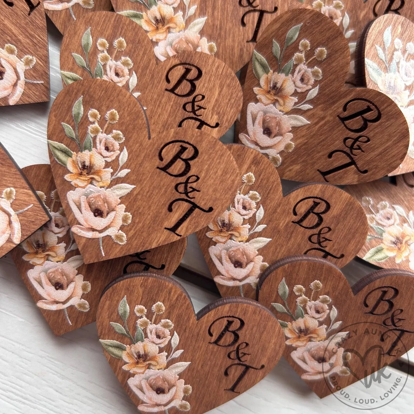 Personalized Rustic Wooden Heart Wedding Guest Boutonniere Pin with Floral Design 13 Personalized Rustic Wooden Heart Wedding Guest Boutonniere Pin with Floral Design