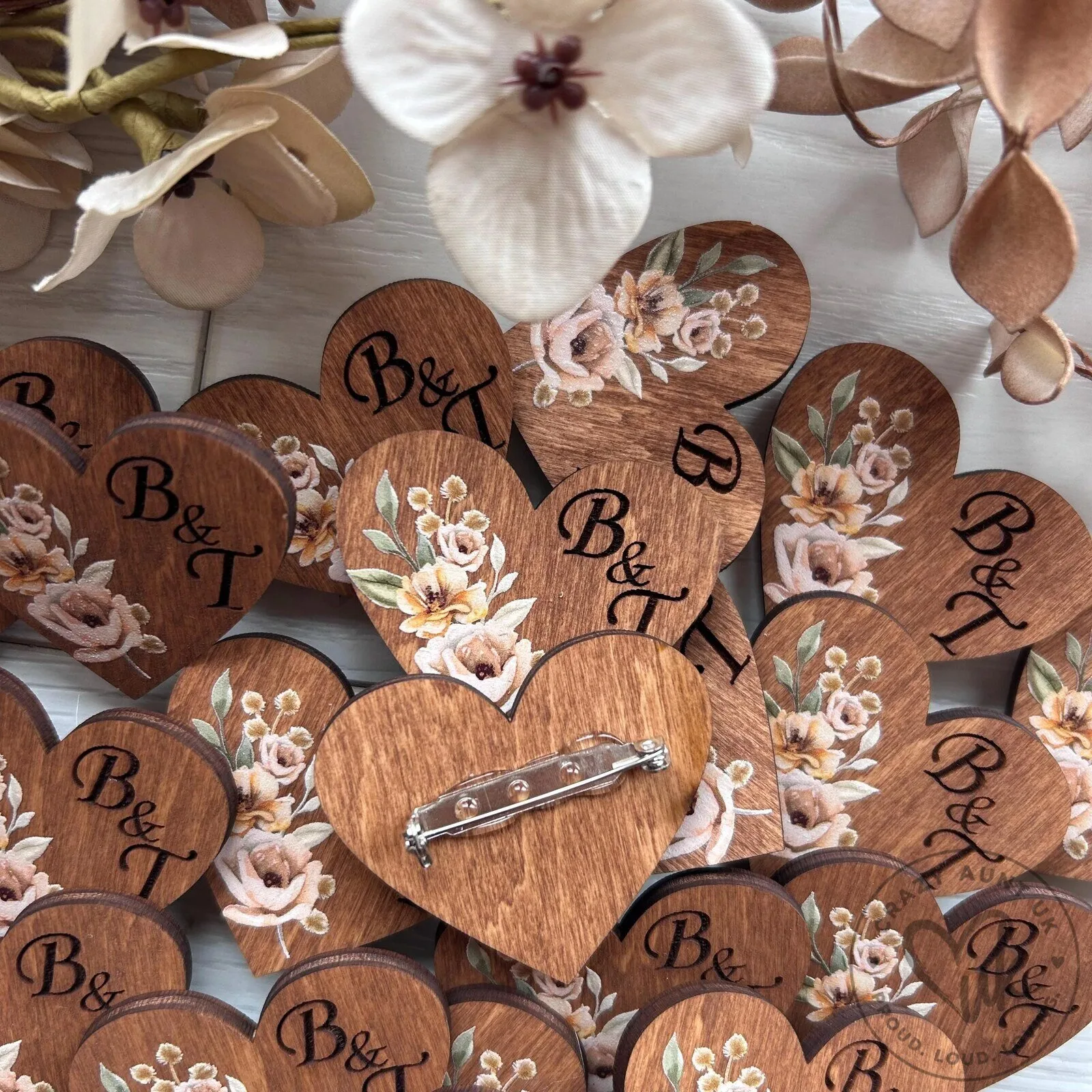 Personalized Rustic Wooden Heart Wedding Guest Boutonniere Pin with Floral Design 14 Personalized Rustic Wooden Heart Wedding Guest Boutonniere Pin with Floral Design