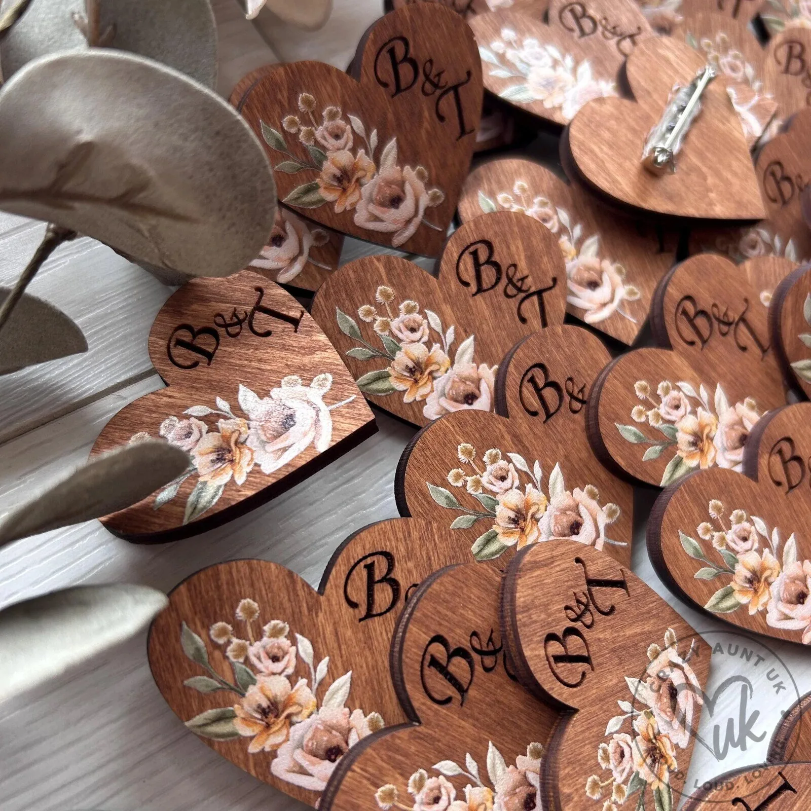 Personalized Rustic Wooden Heart Wedding Guest Boutonniere Pin with Floral Design 15 Personalized Rustic Wooden Heart Wedding Guest Boutonniere Pin with Floral Design