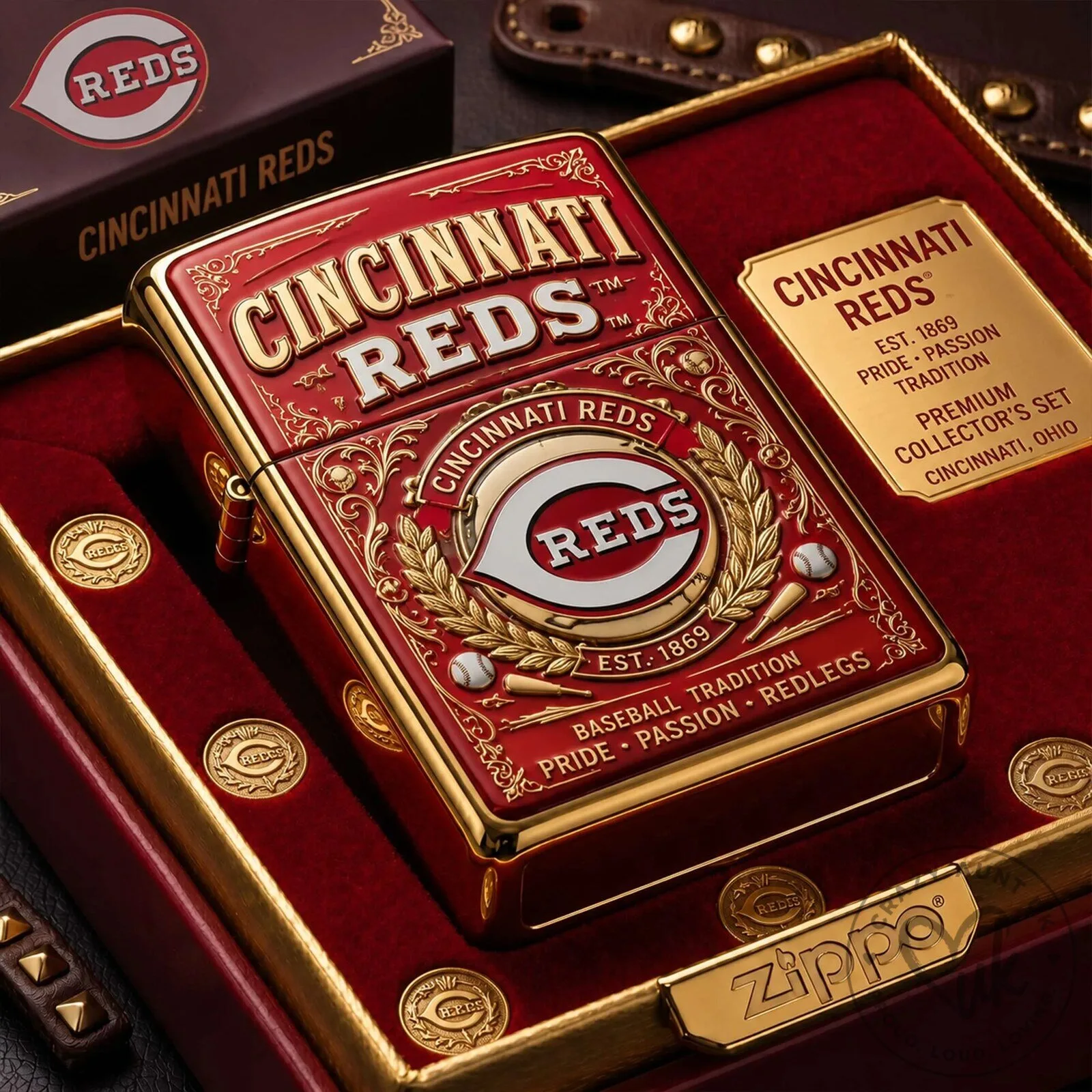 Cincinnati Reds Baseball Team Zippo Lighter with Premium Collector's Set