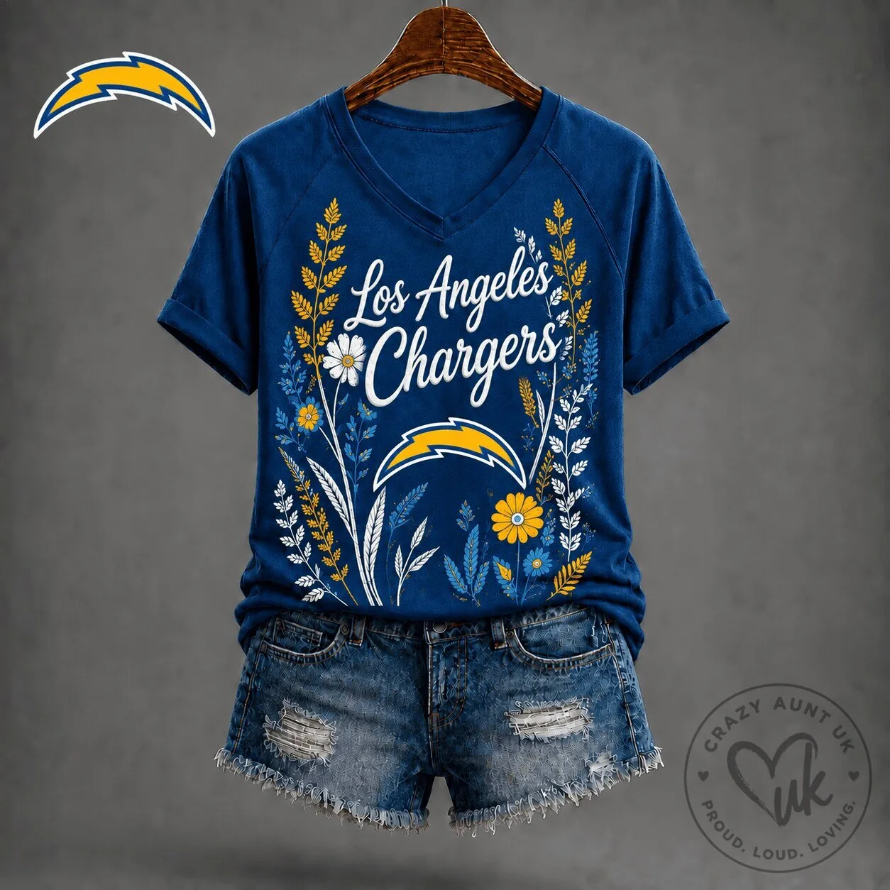 Los Angeles Chargers Floral Logo V-Neck Short Sleeve T-Shirt