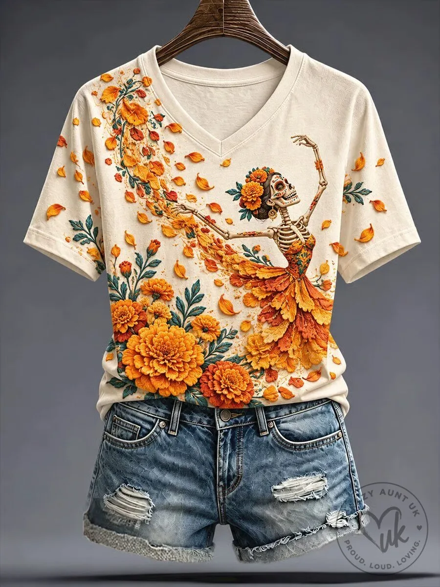 Day of the Dead Dancing Skeleton Marigold Flowers Women's T-Shirt