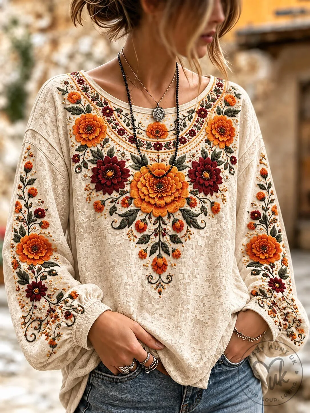 Embroidered Floral Dia de los Muertos Long Sleeve Shirt for Women