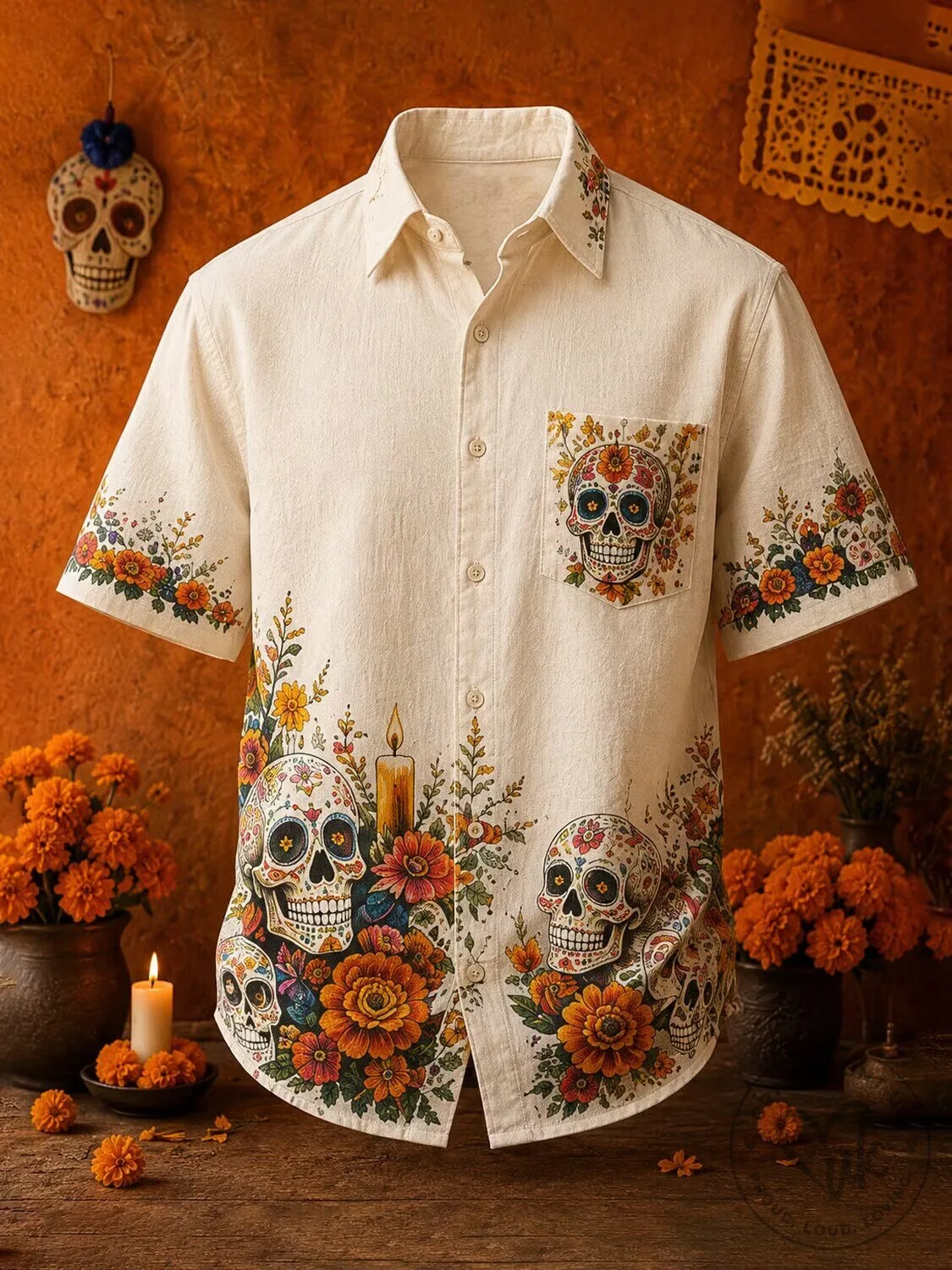 Day Of The Dead Sugar Skull Floral Print Short Sleeve Hawaiian Shirt