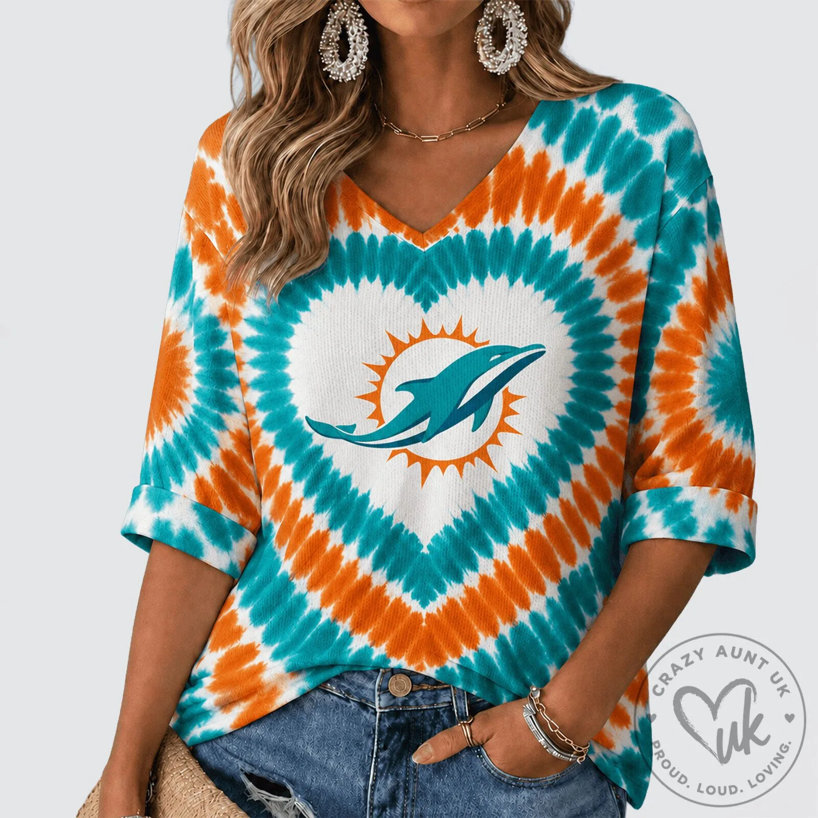 Miami Dolphins NFL Tie Dye V-Neck Long Sleeve Shirt for Women