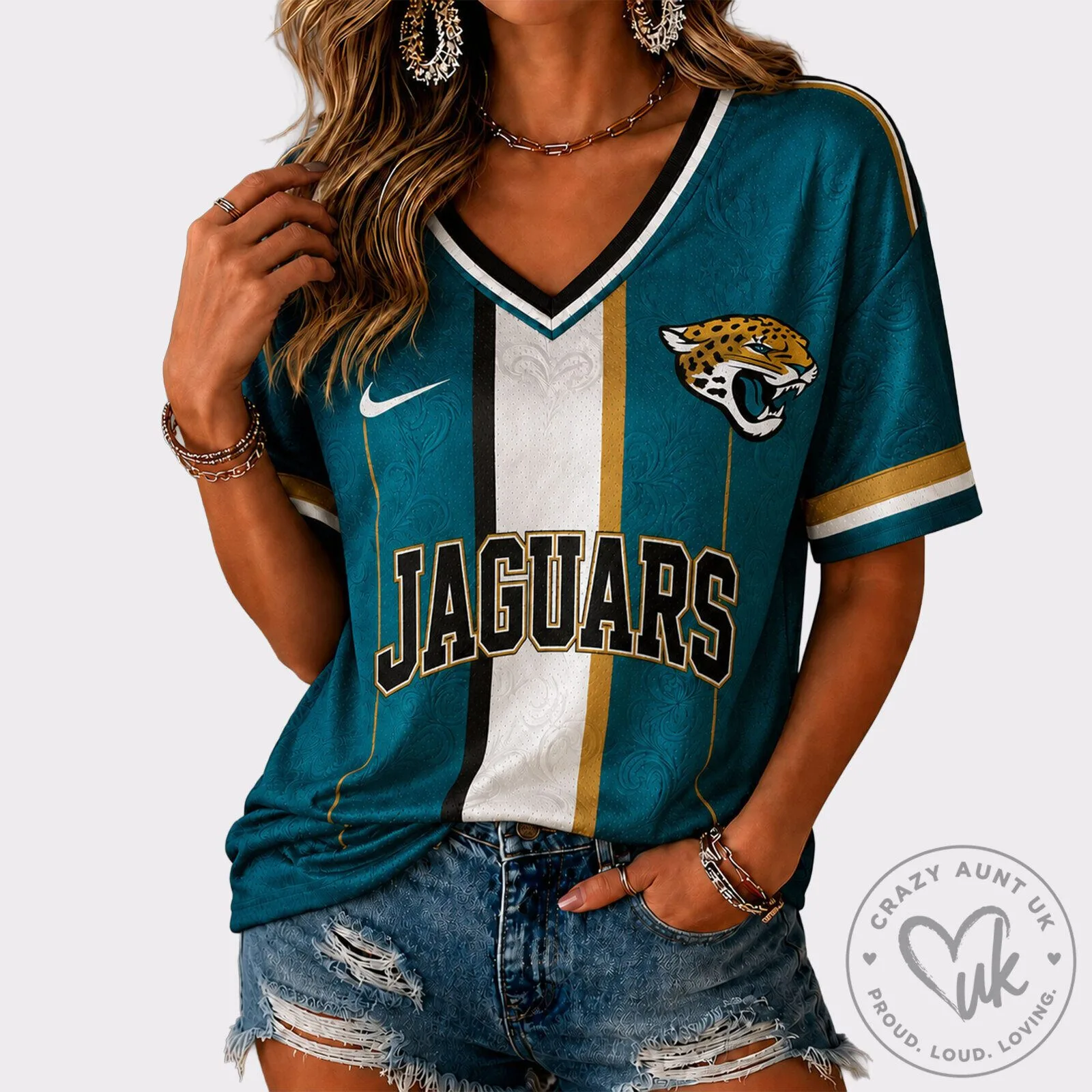 Jacksonville Jaguars Football Team Teal and Gold Striped V-Neck Game Day T-Shirt