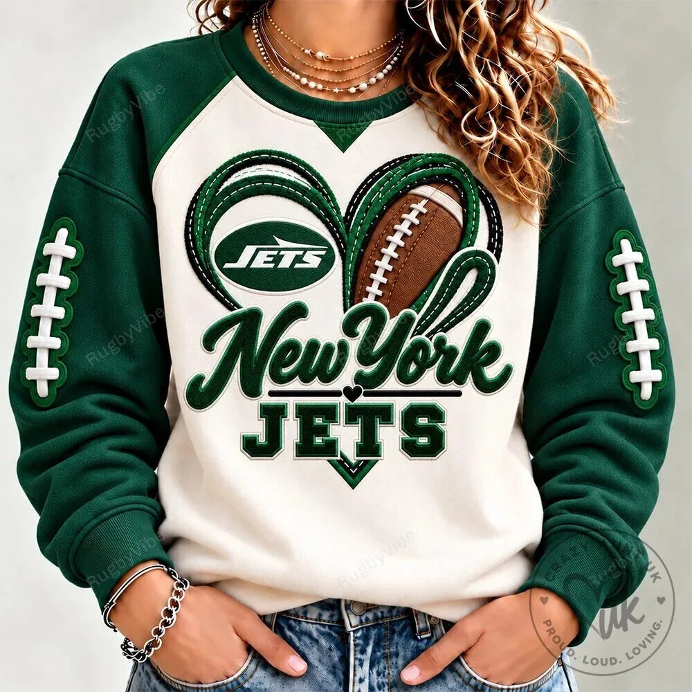 New York Jets Football Heart Logo Green and White Raglan Sweatshirt