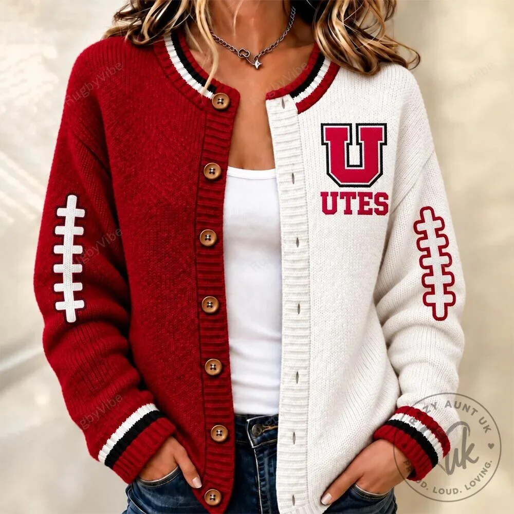 Utah Utes Football Split Design Knitted Cardigan Sweater