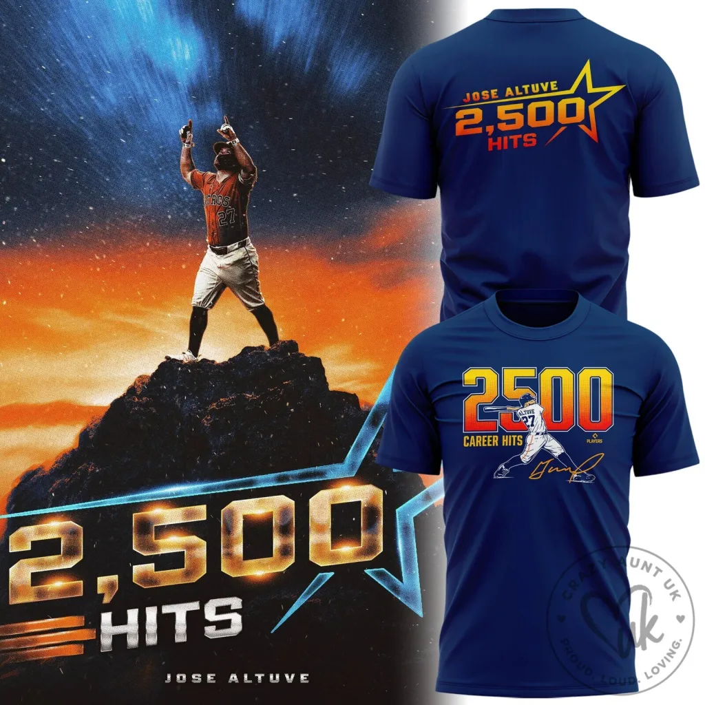 Jose Altuve 2500 Career Hits Houston Astros Navy Blue T-Shirt 43 Jose Altuve 2500 Career Hits Houston Astros Navy Blue T-Shirt