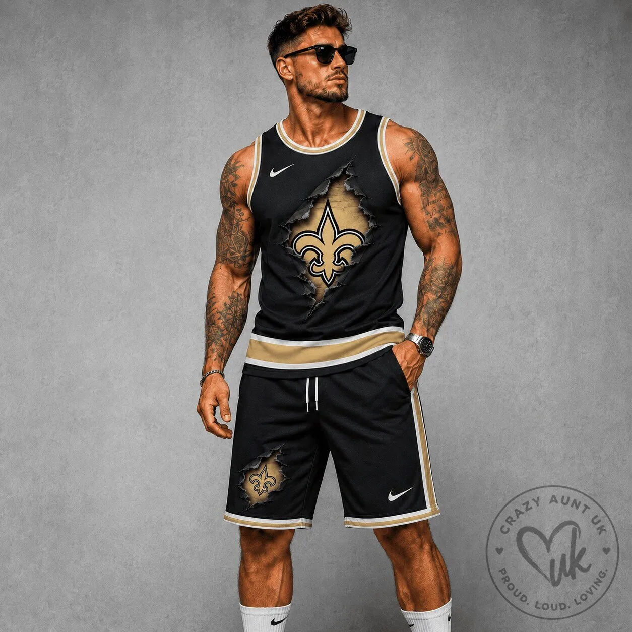 New Orleans Saints Distressed Logo Black and Gold Athletic Tank Top