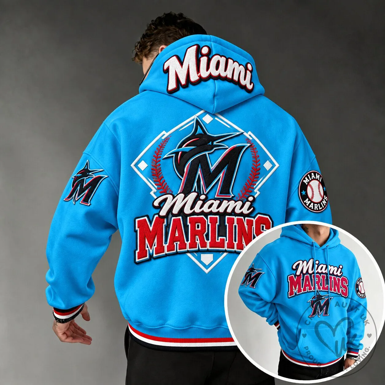 Miami Marlins Major League Baseball Light Blue Embroidered Hoodie for Men and Women
