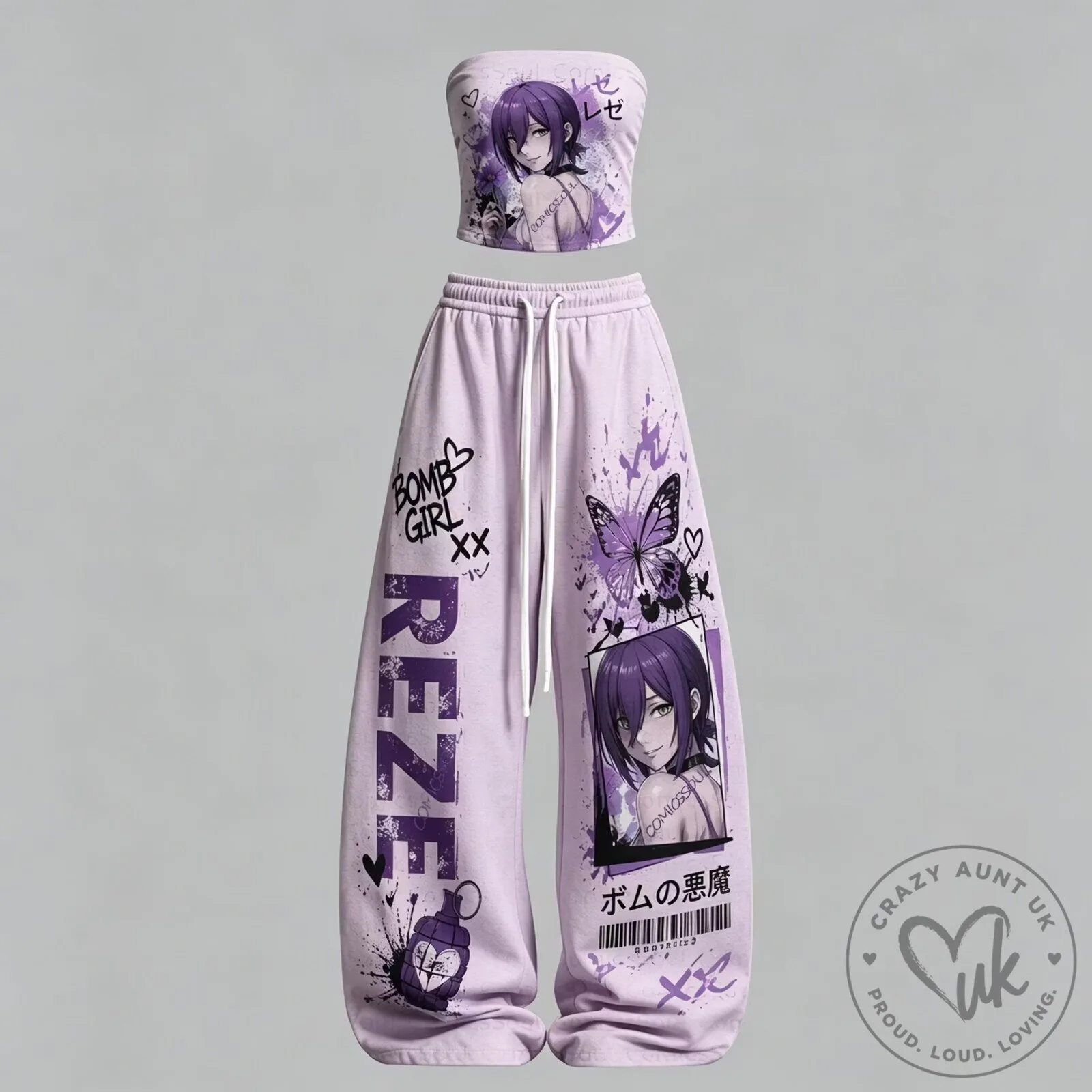 Chainsaw Man Reze Bomb Devil Anime Purple Two-Piece Crop Top and Pants Set