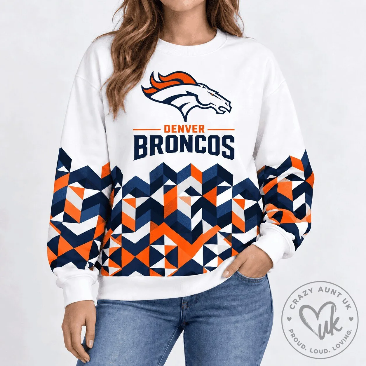 Denver Broncos Football Team Geometric Chevron Pattern White Sweatshirt