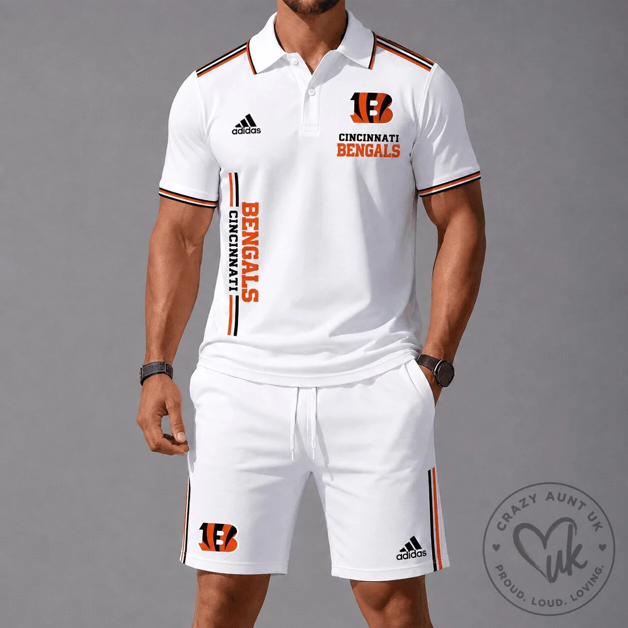 Cincinnati Bengals Football Team White Striped Polo Shirt