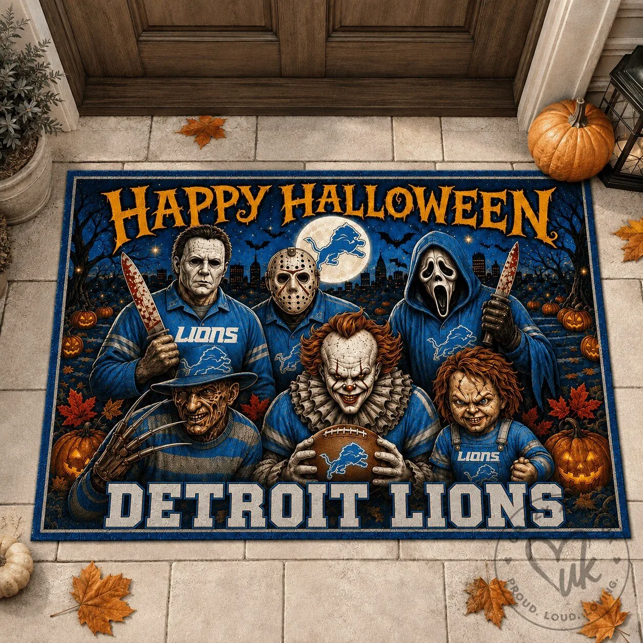 Detroit Lions Fan Halloween Horror Movie Characters Doormat