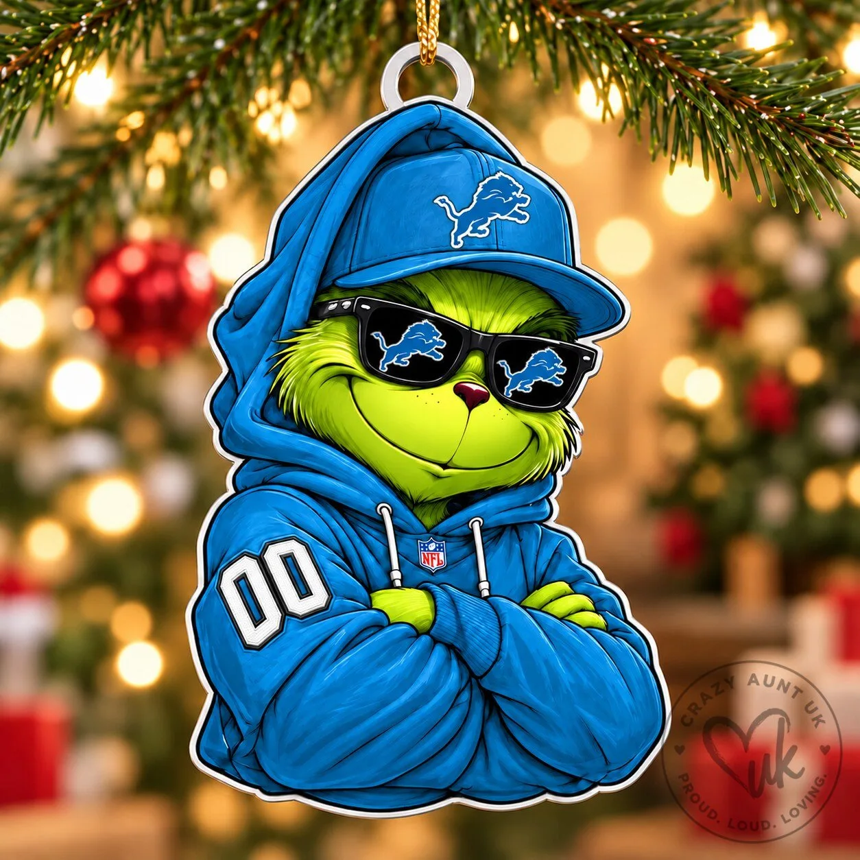 Detroit Lions Fan Grinch Christmas Ornament with Custom Number