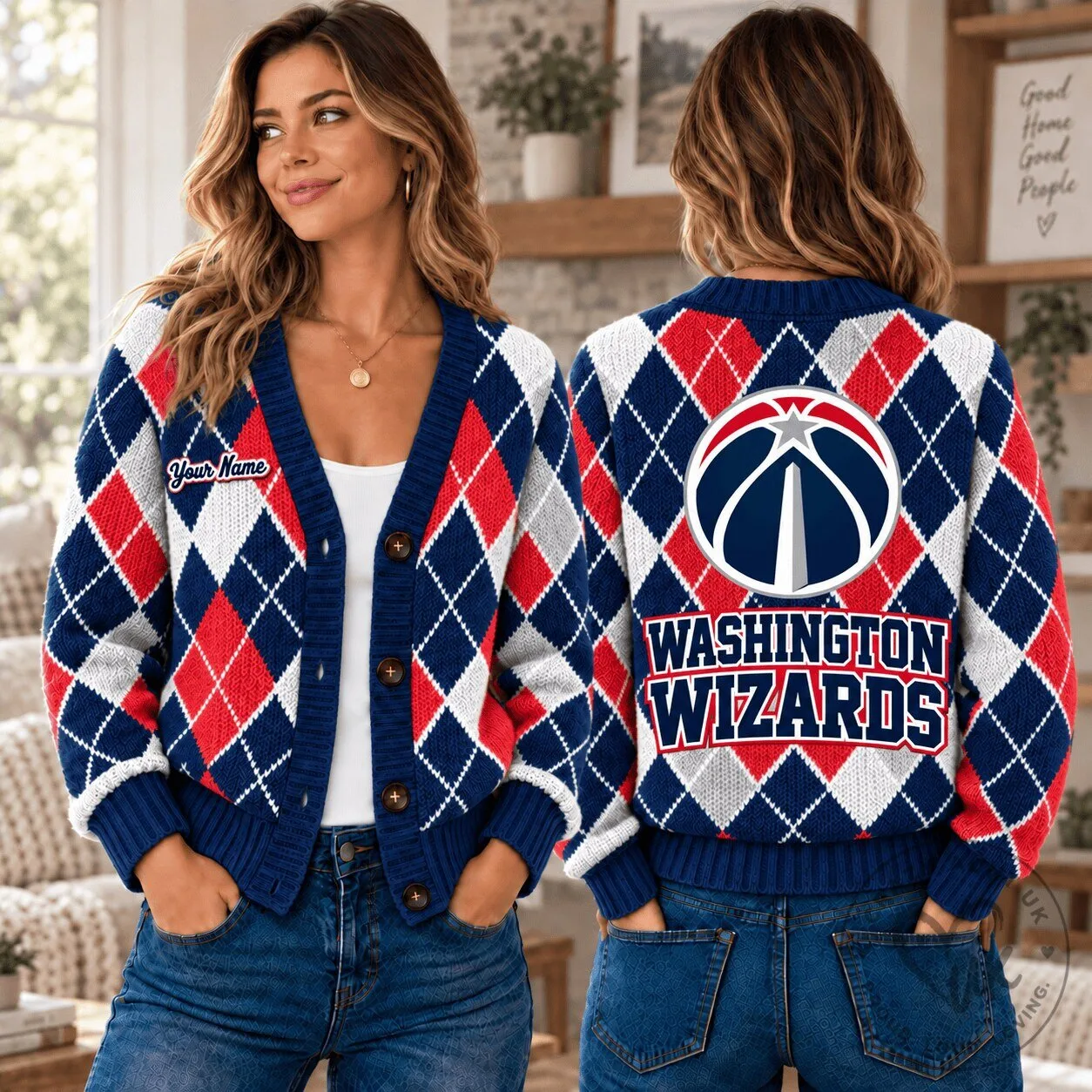 Washington Wizards NBA Argyle Custom Name Cardigan Sweater