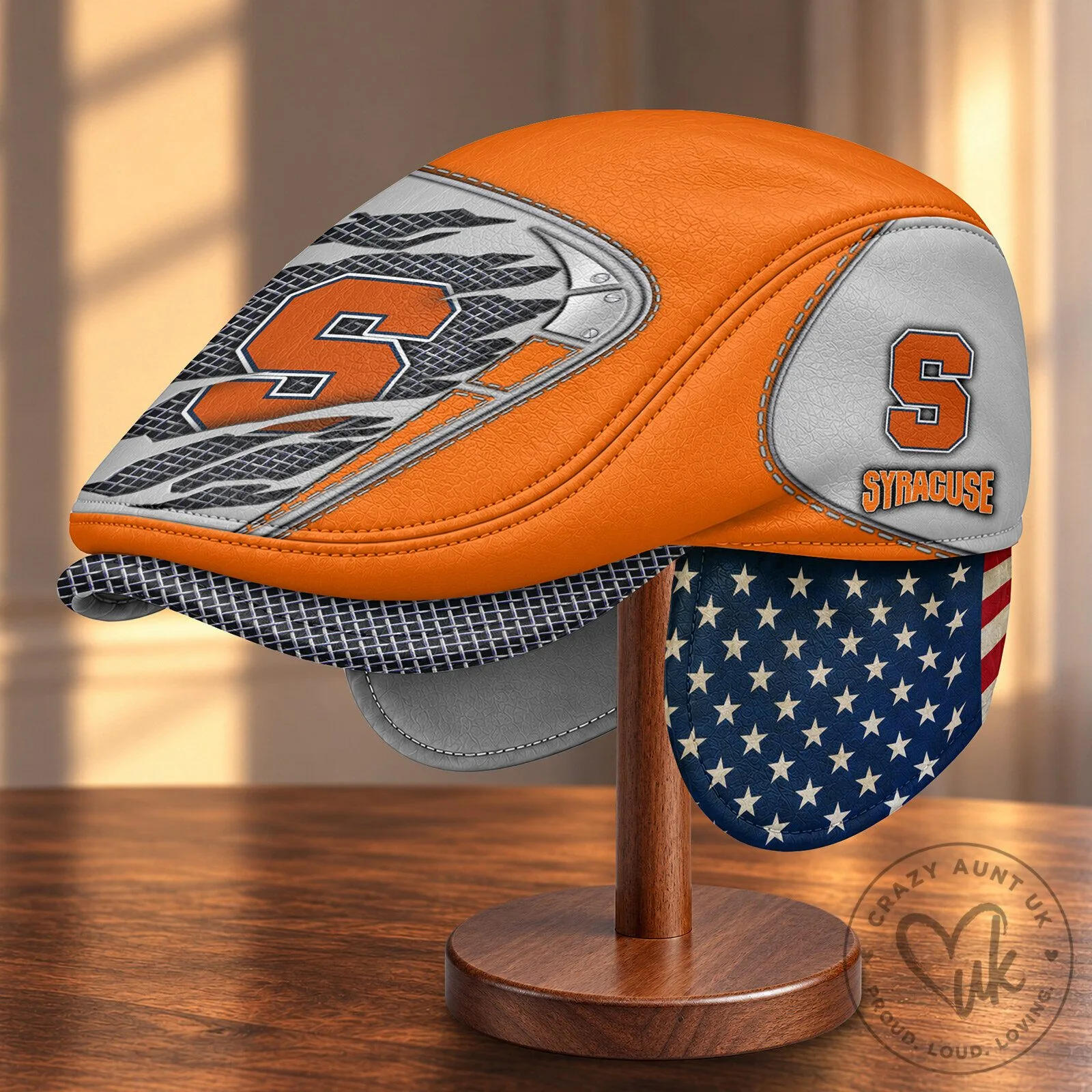 Syracuse Orange NCAA Flat Cap with Foldable Ear Flaps and American Flag Lining