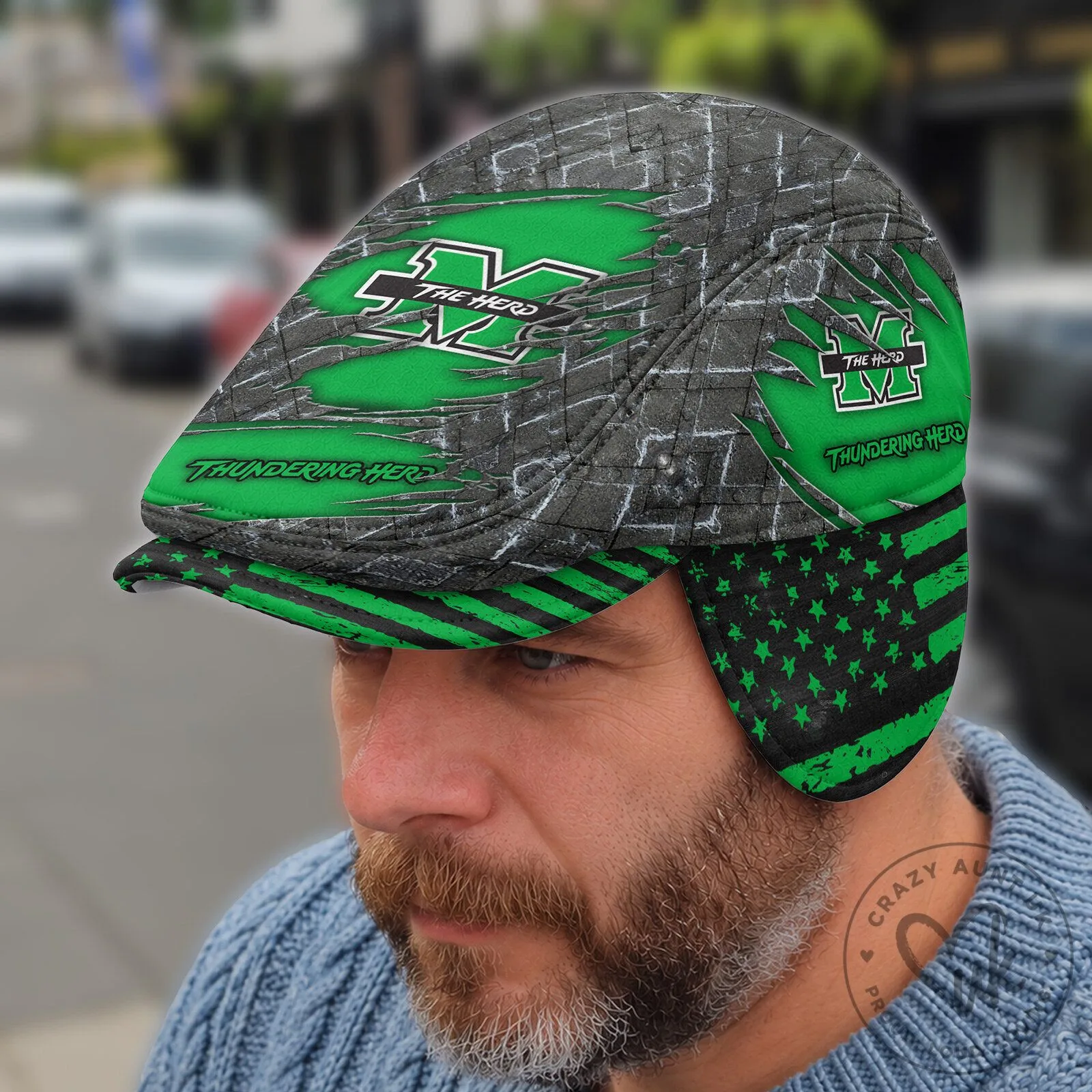 Marshall Thundering Herd Distressed Logo Flat Cap with Ear Flaps
