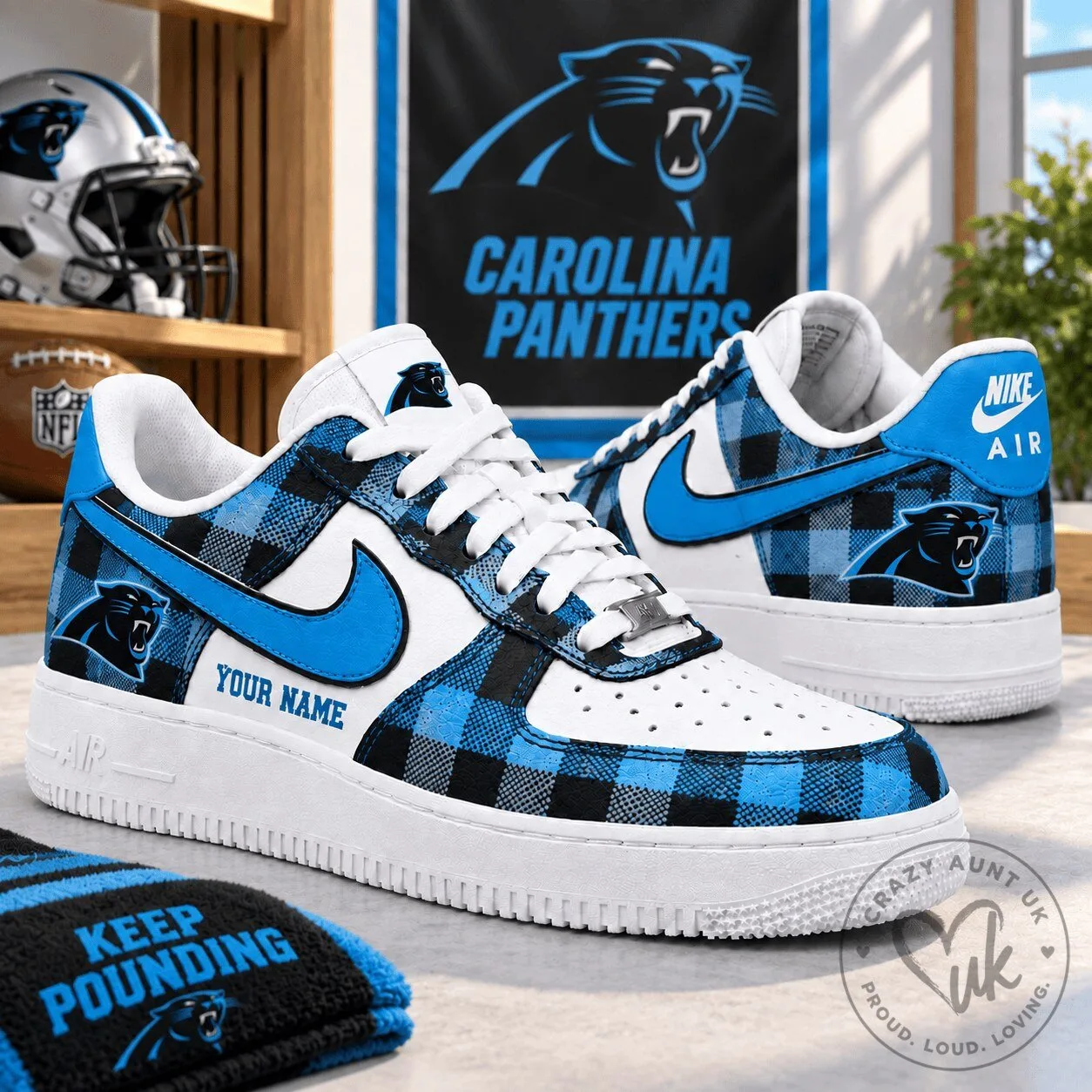 Carolina Panthers Personalized Plaid Pattern Blue Football Team Sneakers