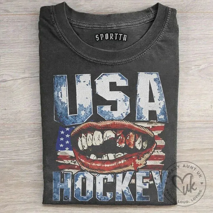 USA Hockey Distressed Flag Bloody Mouth Graphic T-Shirt