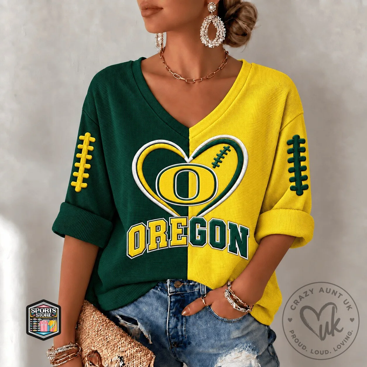 Oregon Ducks Football Team Heart Logo V-Neck Long-Sleeve T-Shirt