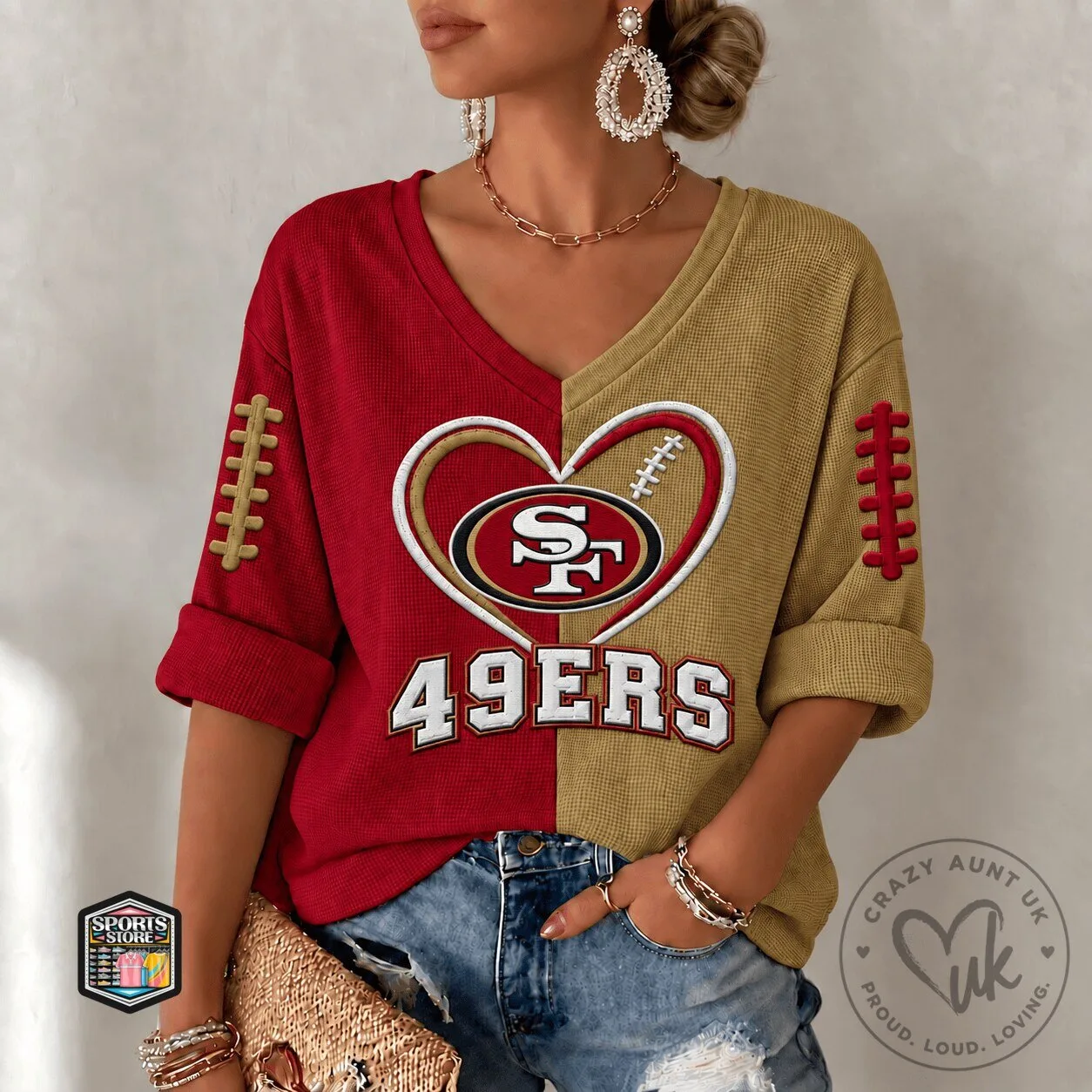 San Francisco 49ers Football Team Heart Logo Women's V-Neck T-Shirt