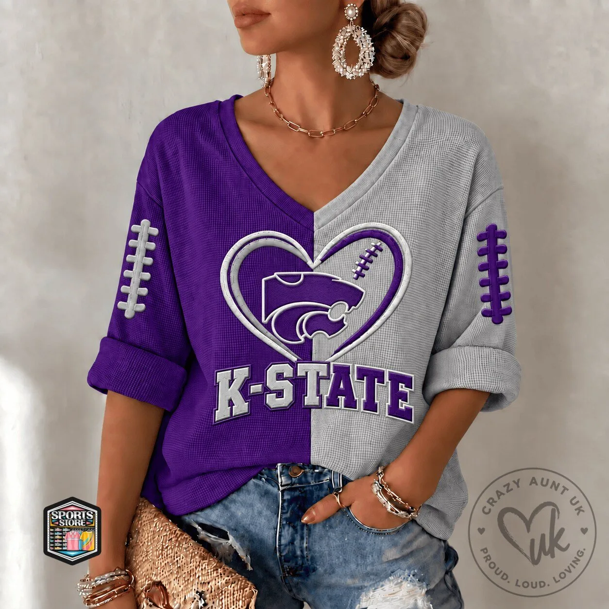 Kansas State Wildcats Football Team Split Color V-Neck Long Sleeve Shirt