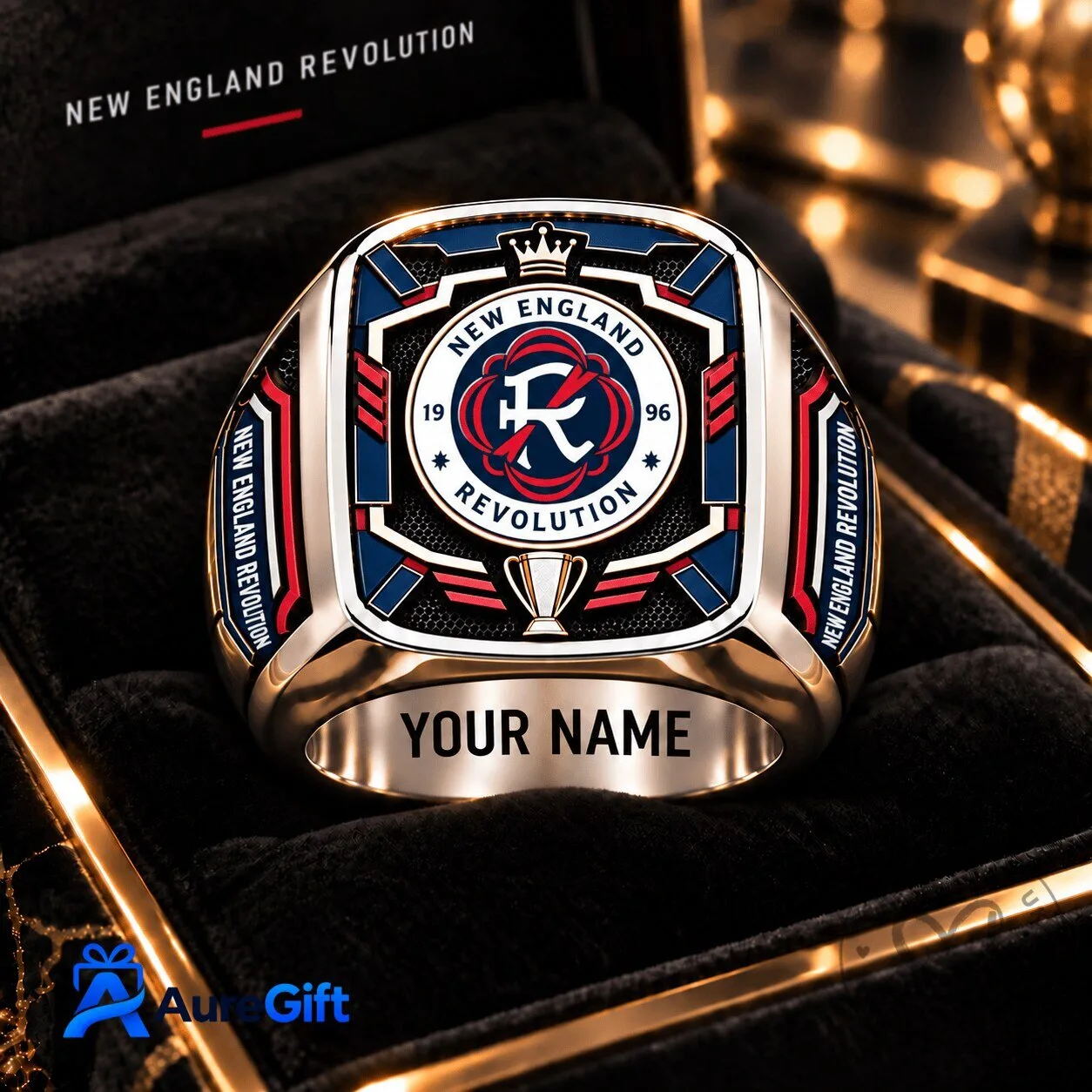 New England Revolution Personalized Gold Ring, Custom Football Fan Jewelry