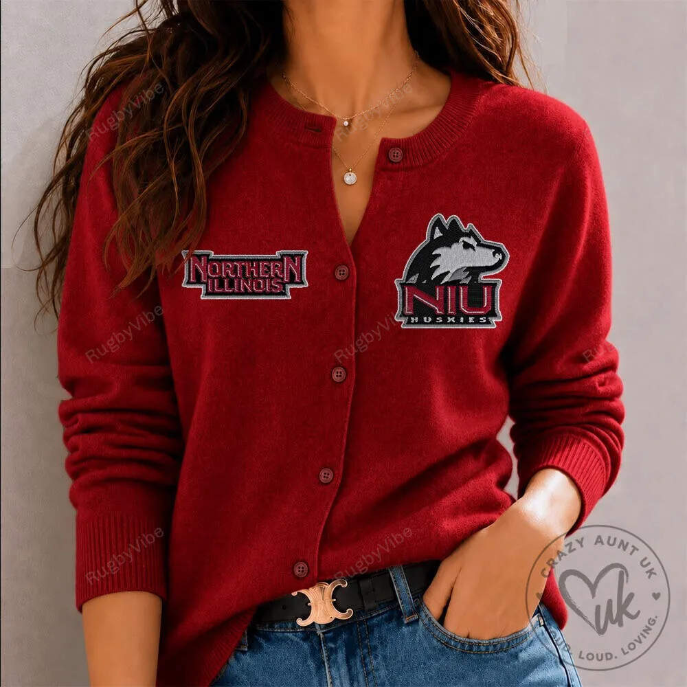 Northern Illinois Huskies Embroidered Logo Red Cardigan Sweater 1 Northern Illinois Huskies Embroidered Logo Red Cardigan Sweater